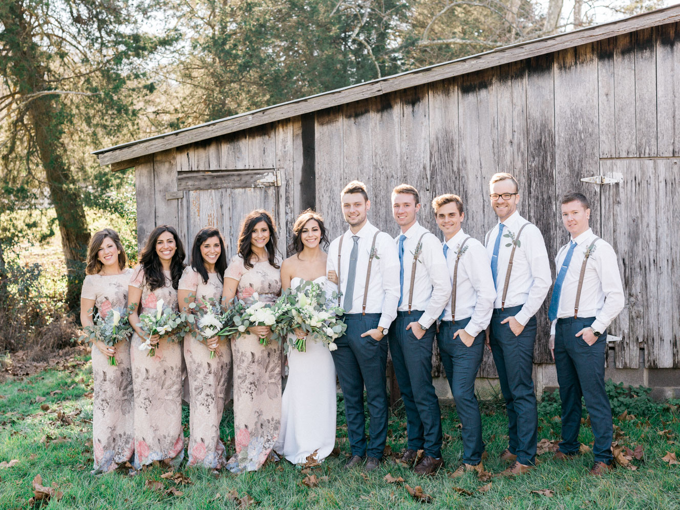 Bridesmaids in Floral Melinda BHLDN Dress | Bella Wedding Dress by Sarah Janks | Rustic Winter Wedding | Lynchburg, Virginia Film Photographer | kelseyandnate.com