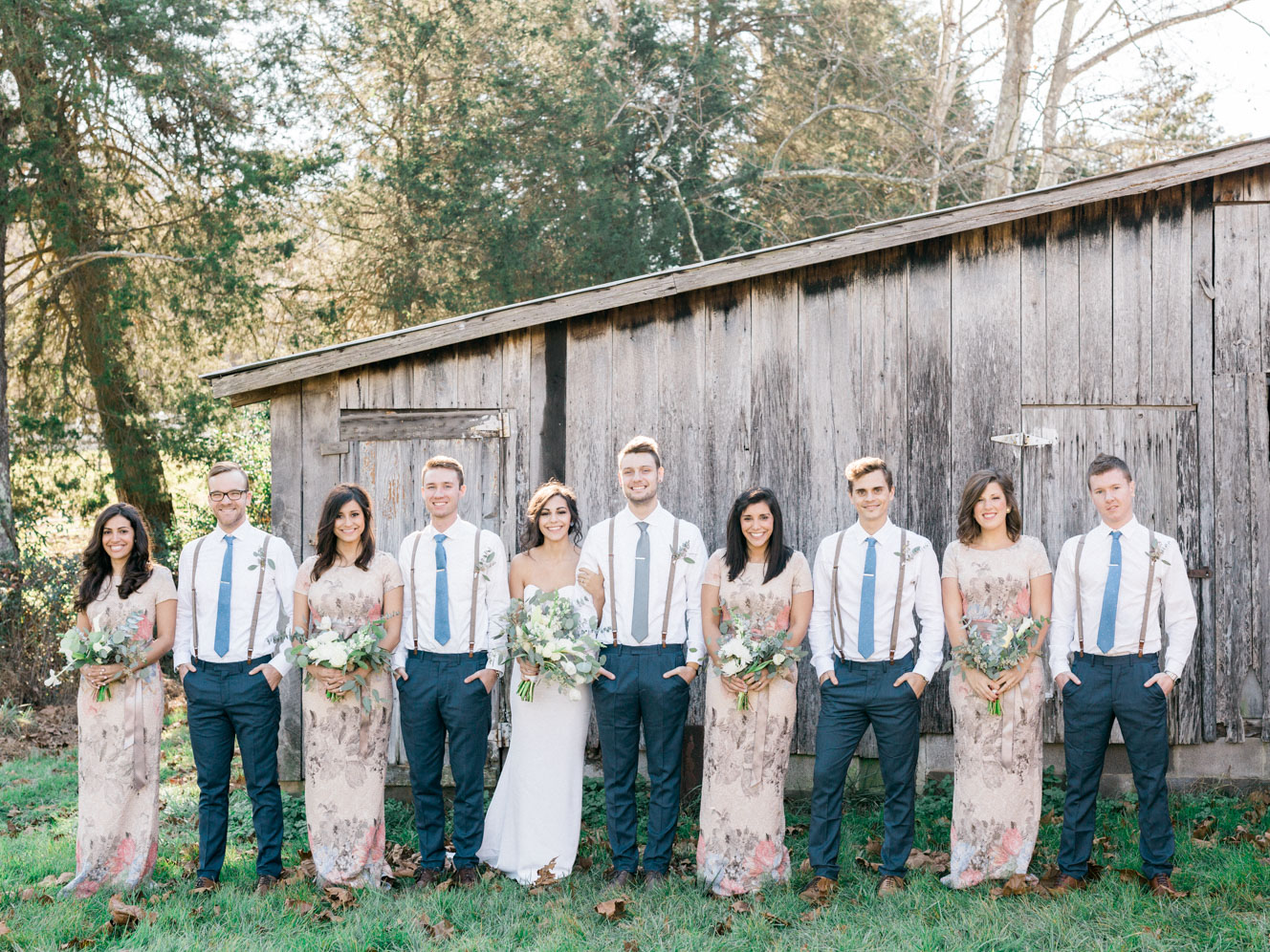 Bridesmaids in Floral Melinda BHLDN Dress | Bella Wedding Dress by Sarah Janks | Rustic Winter Wedding | Lynchburg, Virginia Film Photographer | kelseyandnate.com