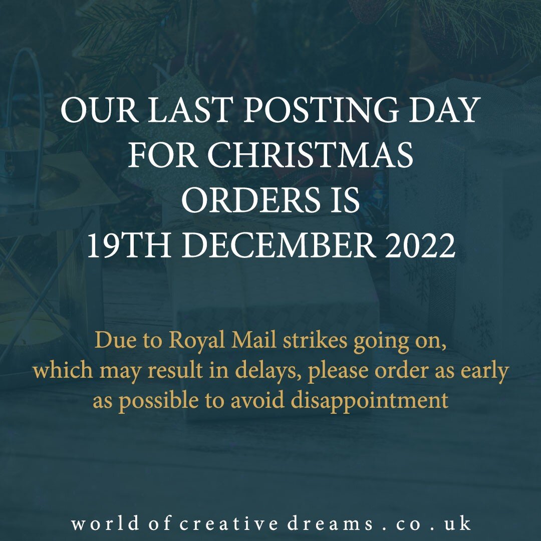 Our last posting day for Christmas orders is 19th December 2022.

Due to Royal Mail strikes going on, which may result in delays, please order as early as possible to avoid disappointment.

#lastchristmasposting #christmasorders #royalmailstrikes #wo