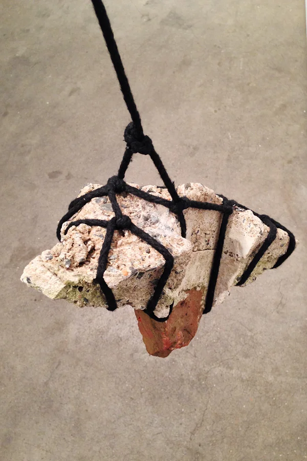 8 Lorna Williams-Ouroboros-2013-hair, plumbing hardware, violin parts, photography lenses, snake vertebrae, bike wheel, hose, ukulele neck, bike chain, plaster teeth, bike seat, speaker, snake shedding, root, rope, cement-88x60x13-detail.jpg