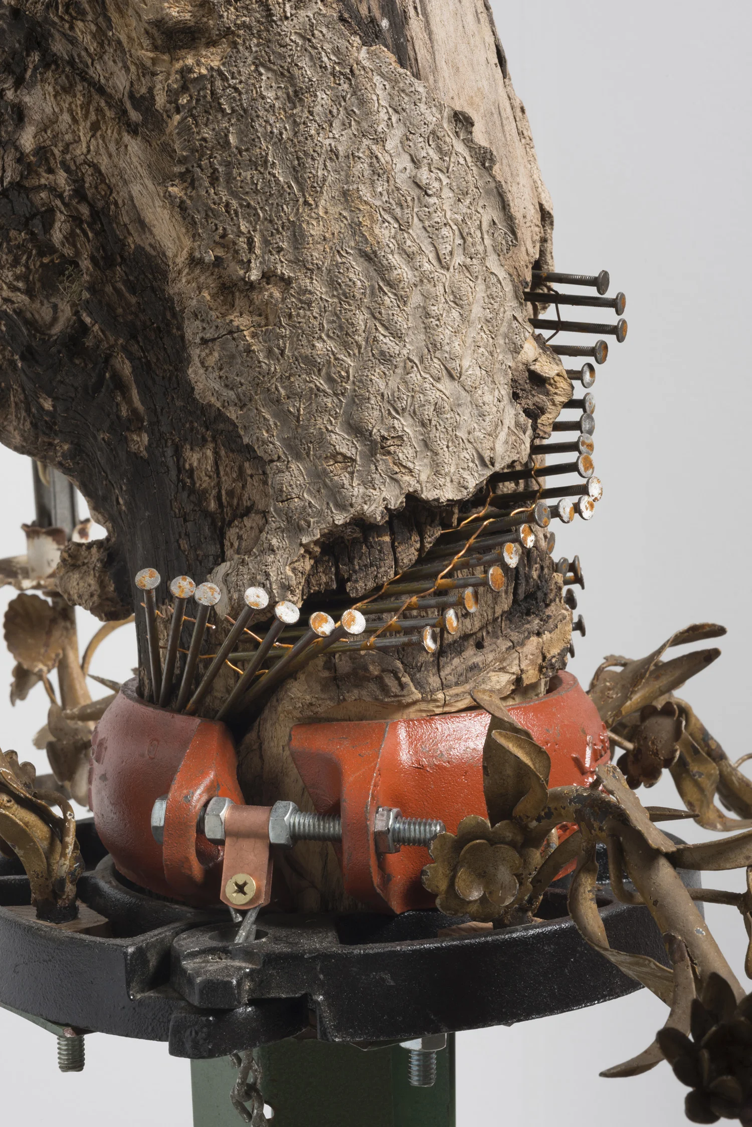 Lorna Williams-spoils-2013-chandelier fixtures, table legs, concrete, chain, plumbing hardware, Spanish moss, ukulele, root system, nails, wasp hive, acrylic, bullet casings-45x20x29-detail-4(2).jpg