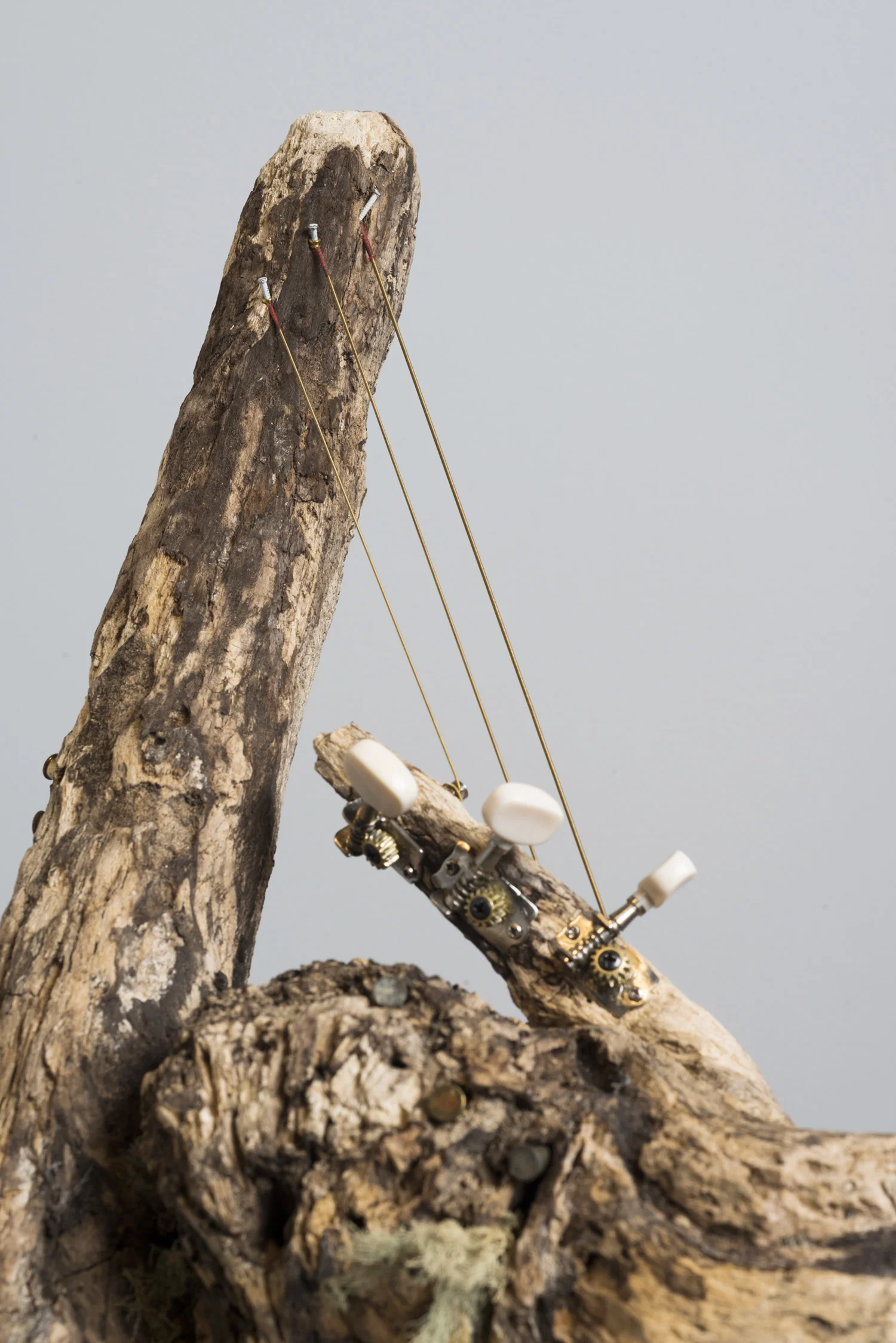 Lorna Williams-spoils-2013-chandelier fixtures, table legs, concrete, chain, plumbing hardware, Spanish moss, ukulele, root system, nails, wasp hive, acrylic, bullet casings-45x20x29-detail(2).jpg