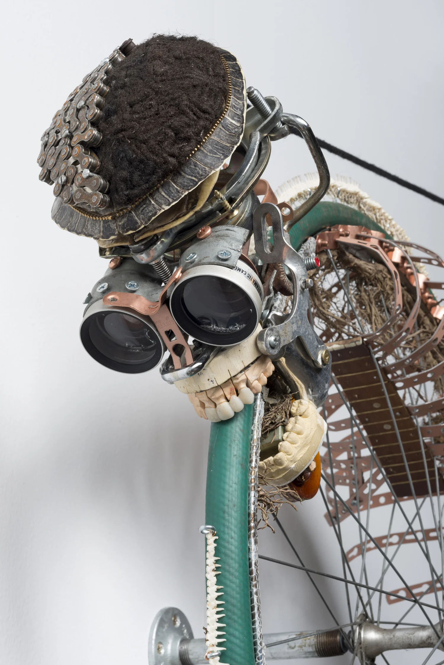 Lorna Williams-Ouroboros-2013-hair, plumbing hardware, violin parts, photography lenses, snake vertebrae, bike wheel, hose, ukulele neck, bike chain, plaster teeth, bike seat, speaker, snake shedding, root, rope, cement-88x60x13-detail.jpg