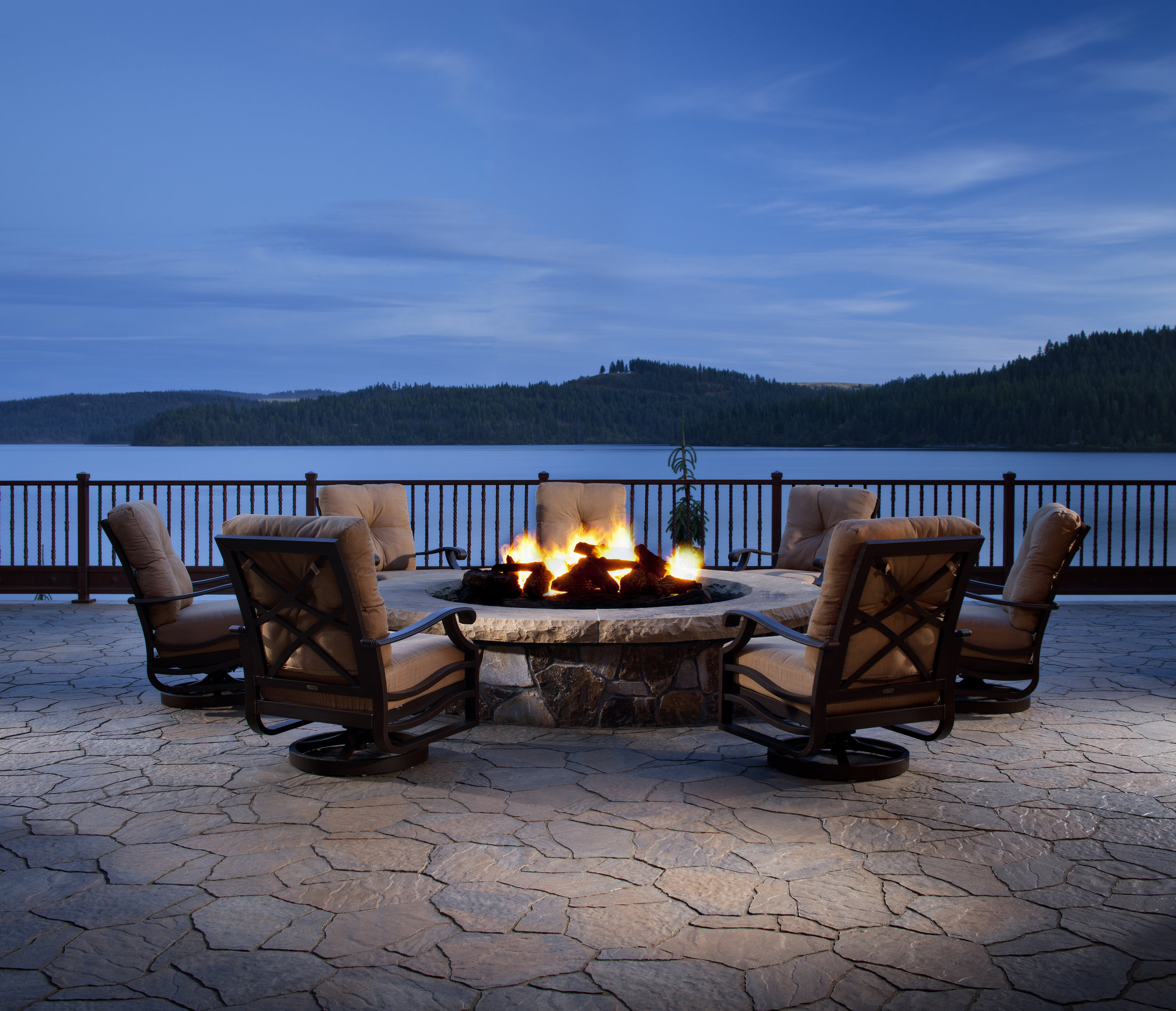 fire pit patio waterfront lake cozy sitting area relax