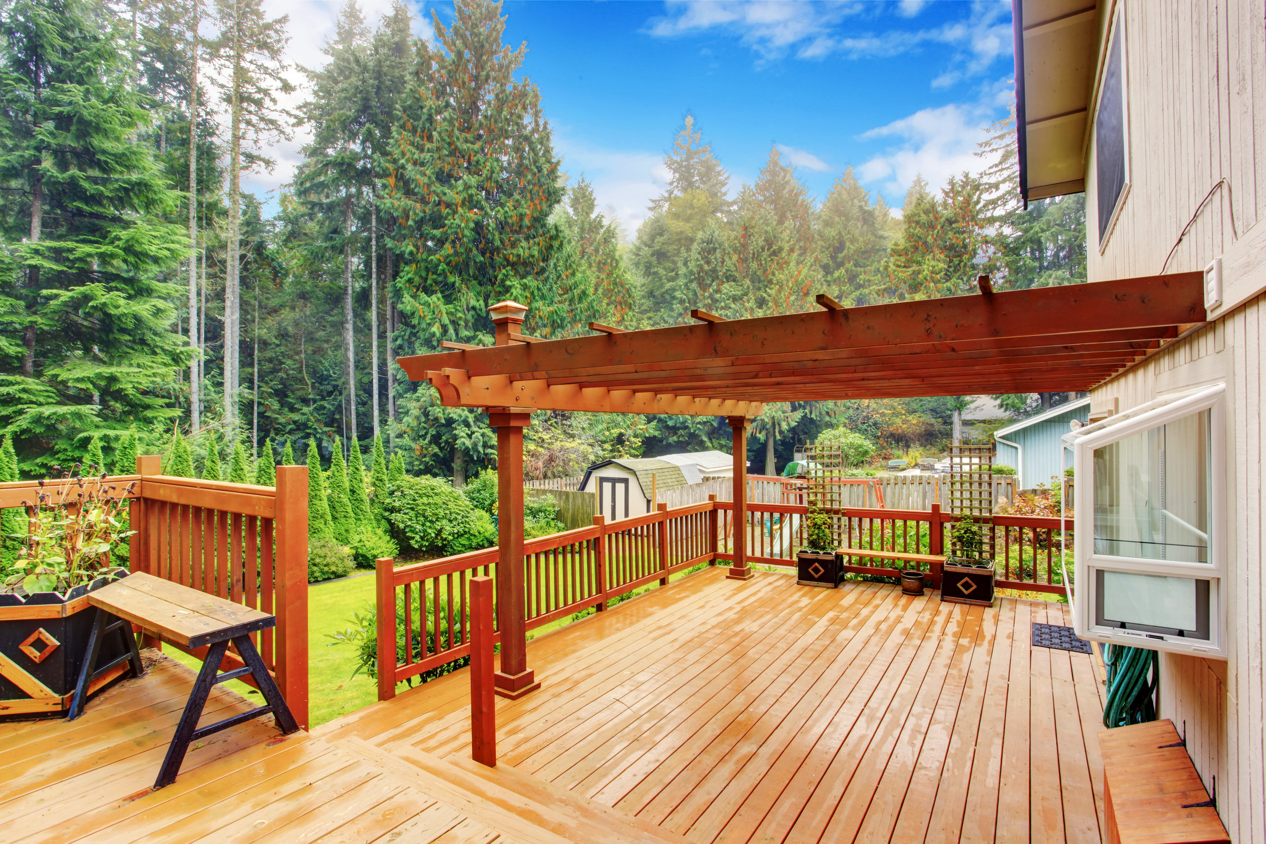 wood deck design builder pergola railing 