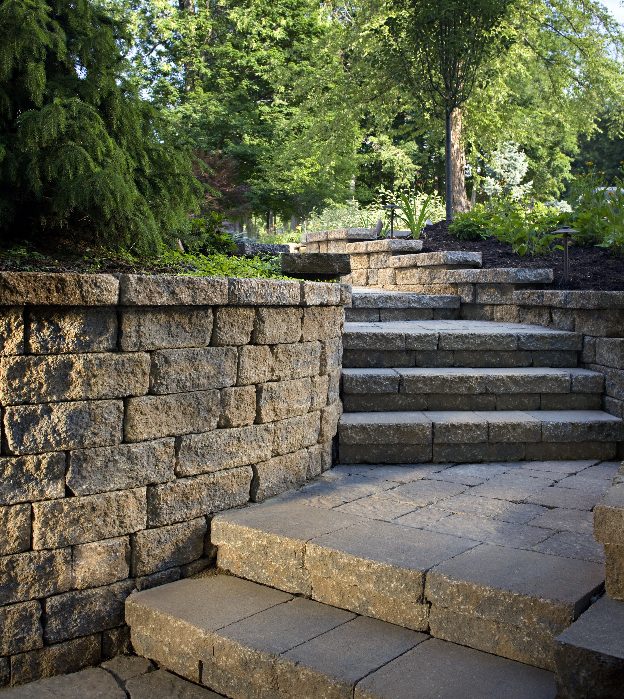 Steps walkway sidewalk retaining wall plantings 