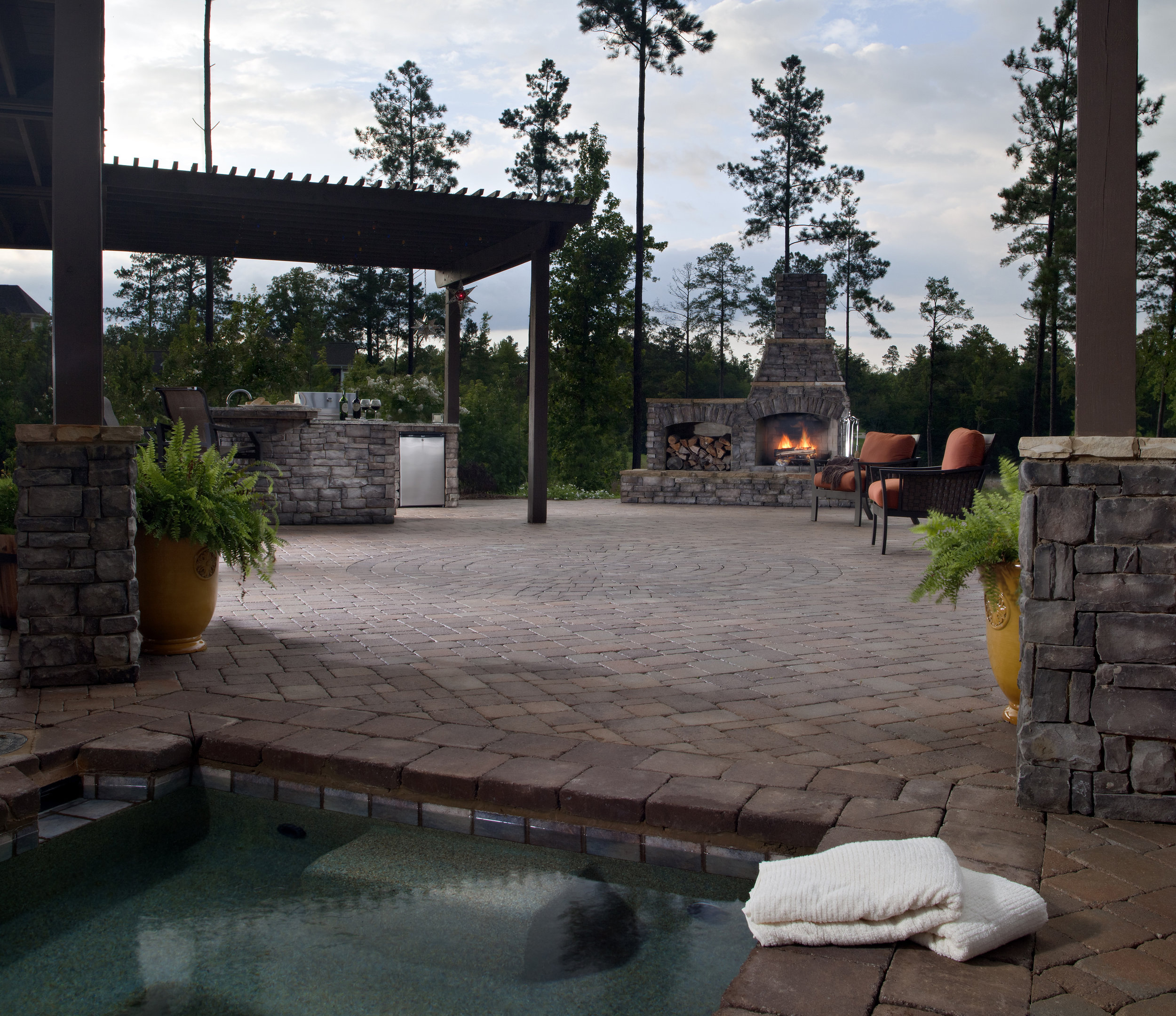 backyard patio pergola outdoor kitchen pool landscape design fireplace paradise