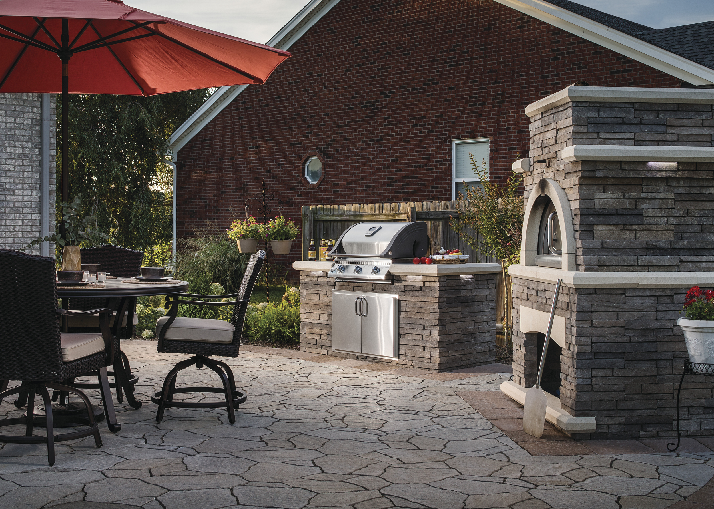 outdoor kitchen pizza kitchen dining brick oven patio landscape design plants