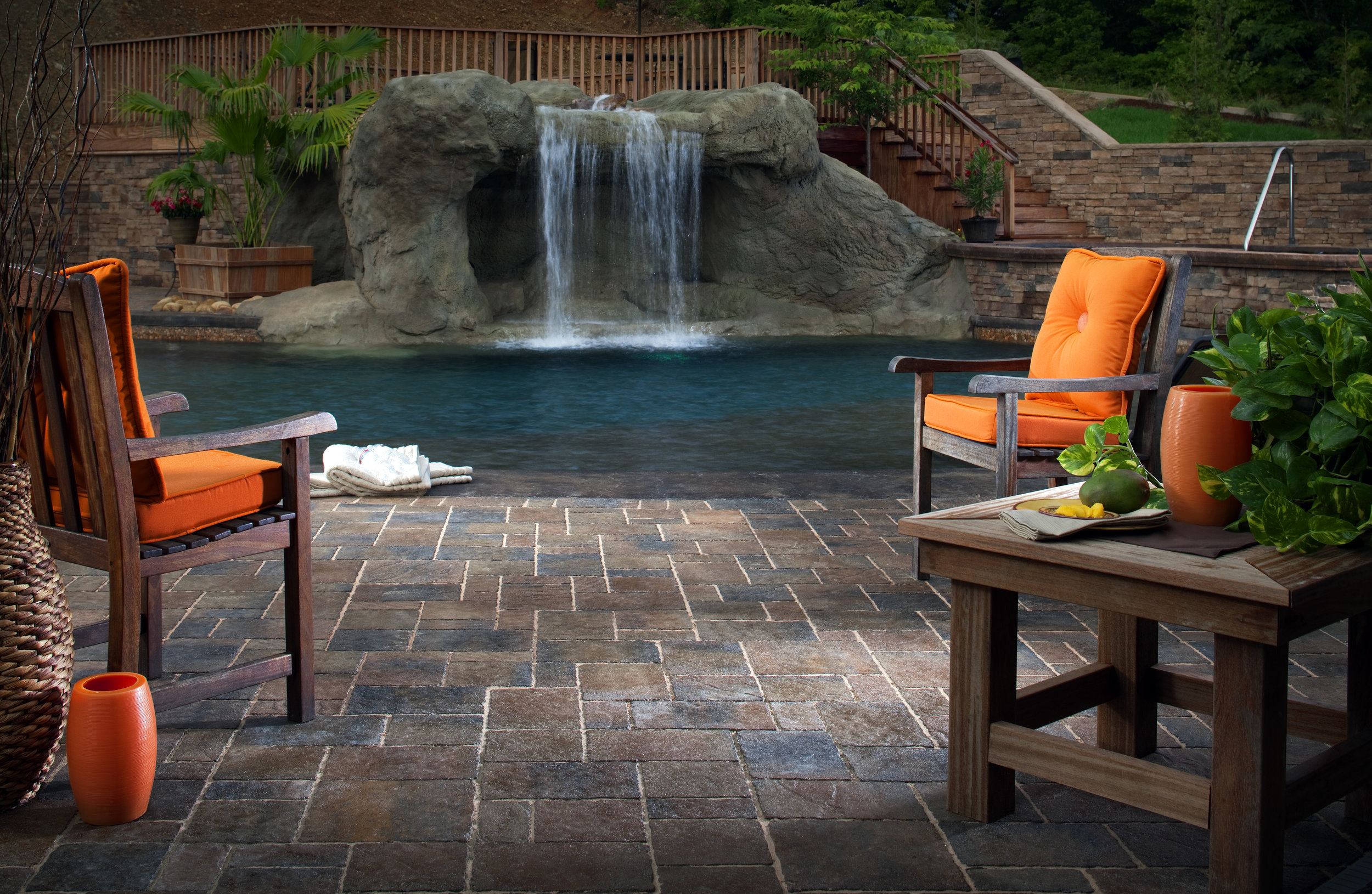 waterfall pool patio landscape design backyard