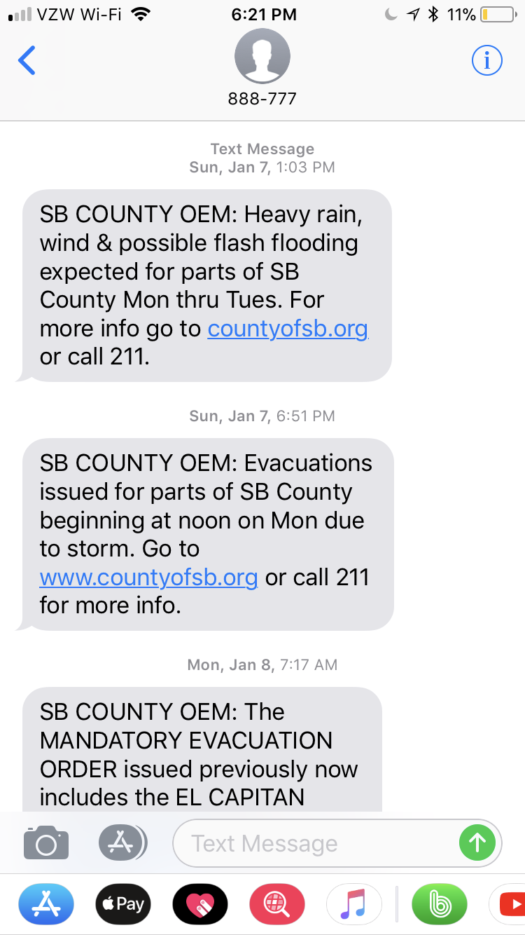 Montecito Mudslides - Santa Barbara County Text Alert 1