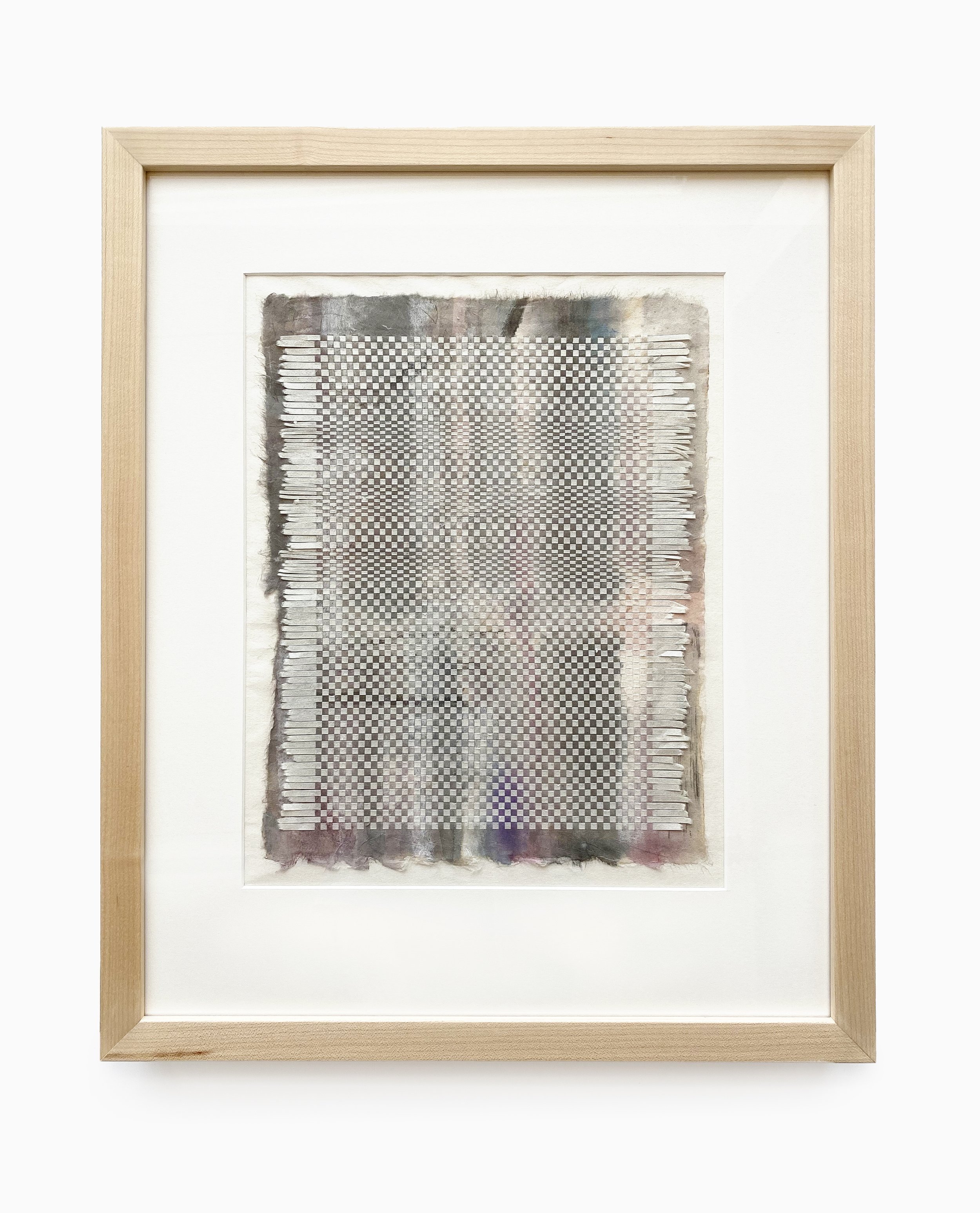 Framed abstract artwork, handmade paper weaving with pastel pink and gray watercolor