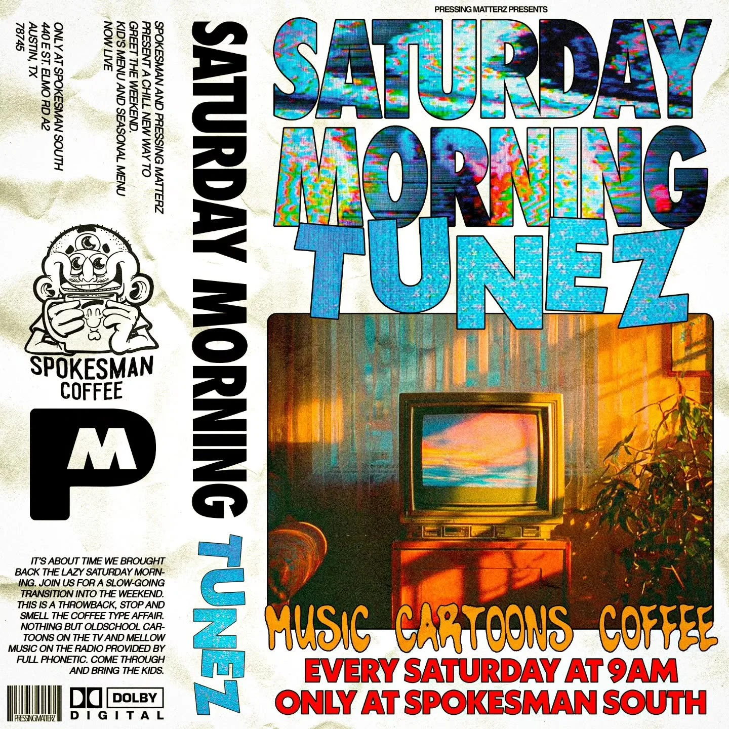 Saturday mornings are for slowing down together. 💛

We&rsquo;re teaming up with Pressing Matterz at Spokesman South for Saturday Morning Tunez. DJs from 9&ndash;12, classic cartoons on the screen, coffee + NA options, and a chill space to hang, chat