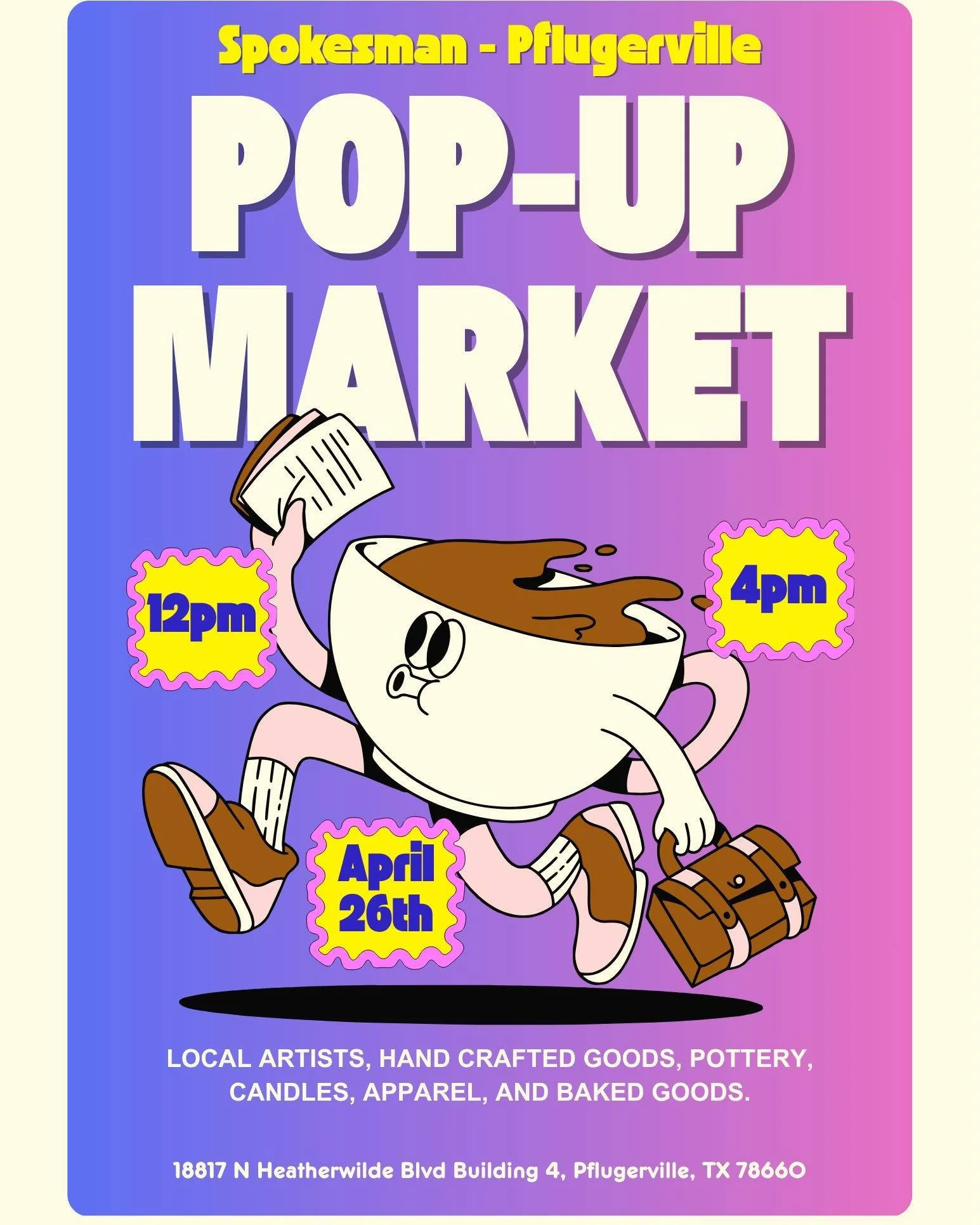 Pflugerville: we're hosting!
Pop-Up Market at Spokesman, April 26th.
Local artists, handcrafted goods, pottery, candles, baked goods... and obviously great coffee.
12&ndash;4pm. 18817 N Heatherwilde Blvd. Come join us ☕