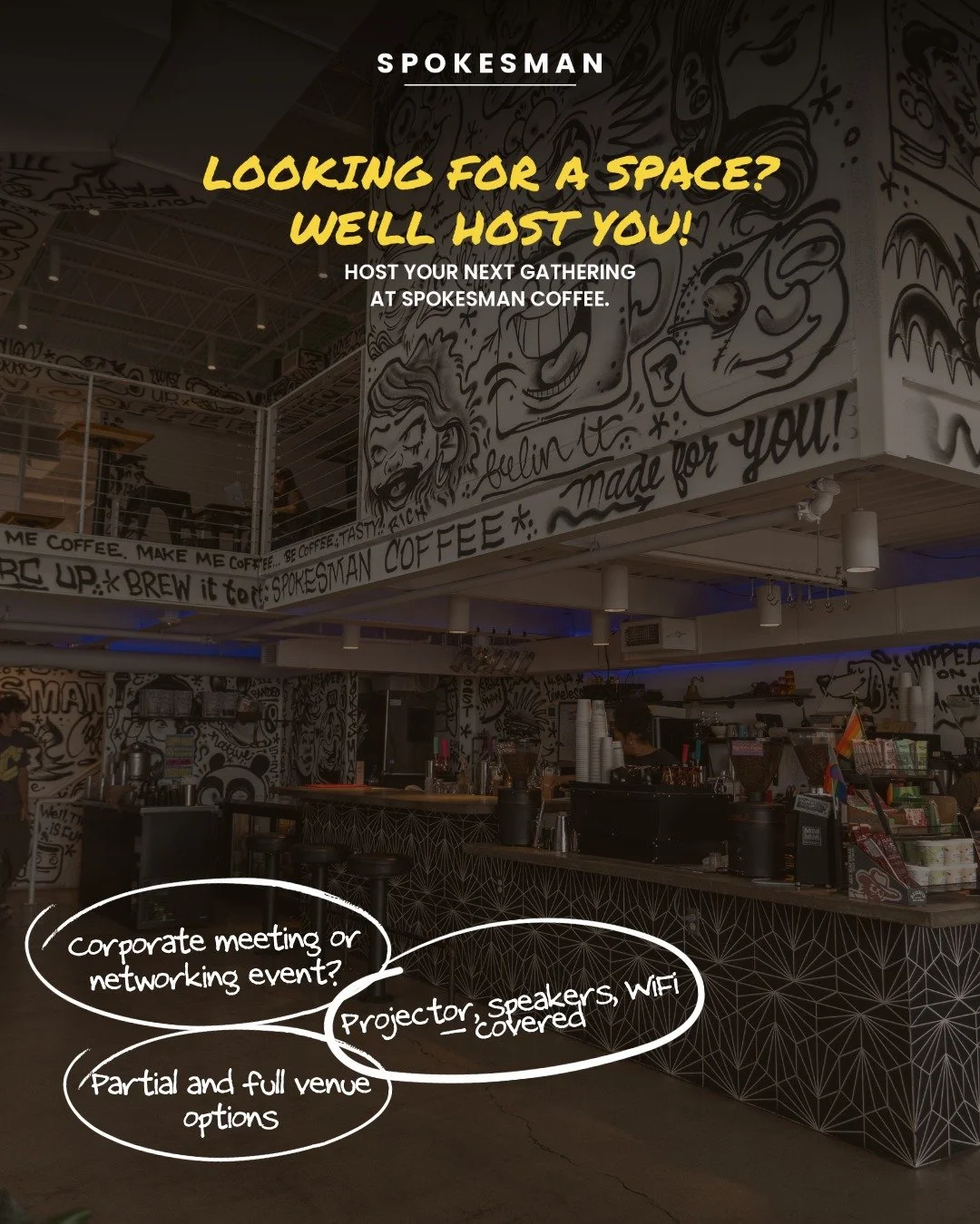 Got a group, a gathering, or just need a room that isn't just a coffee shop table? Private room, partial venue, or the whole building &mdash; book it, we'll handle the coffee.