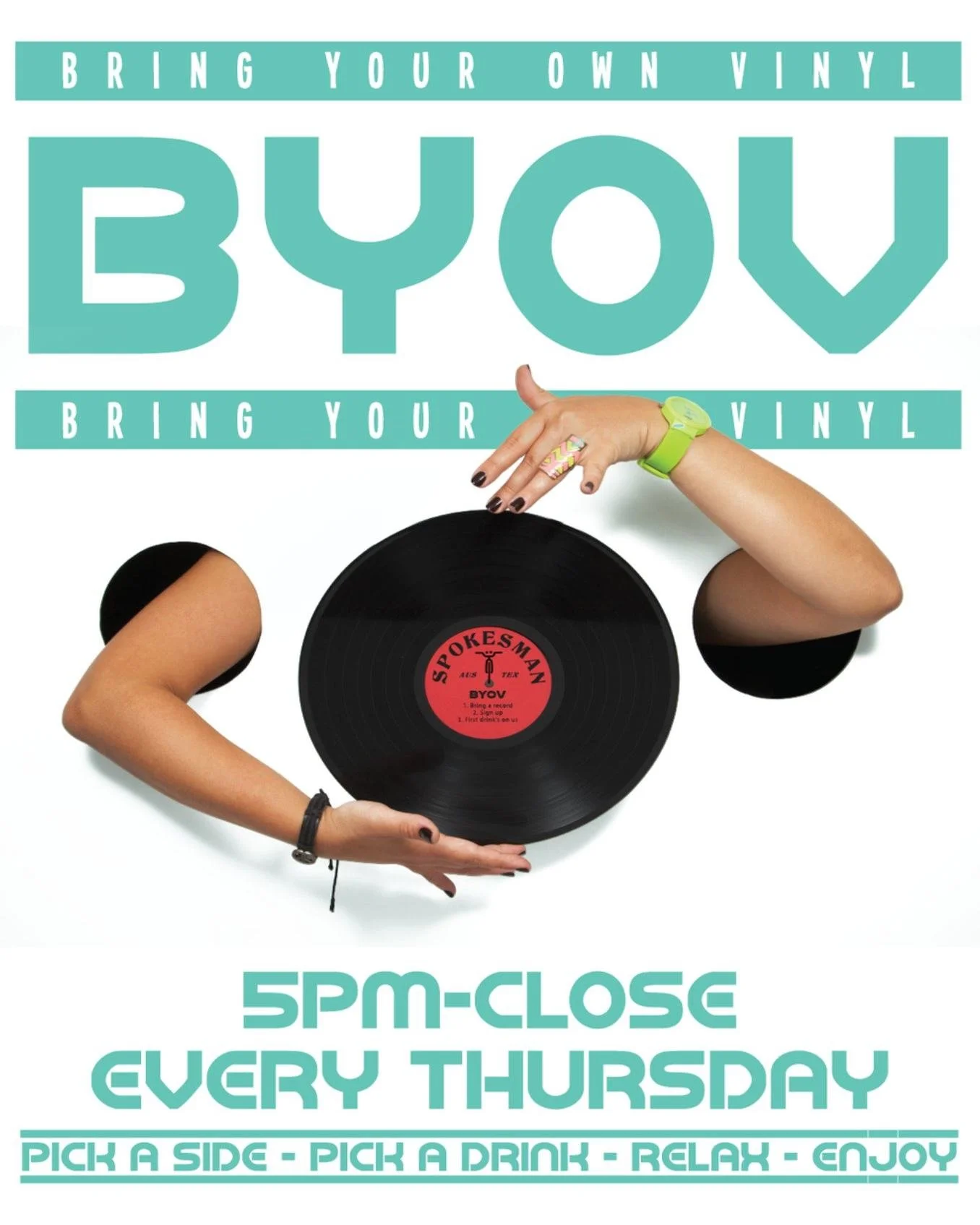 BYOV is tonight (all locations). Bring a record, sign up at 5pm, pick a side, hand it to the barista.
Free drink while you wait, then your record hits the speakers. 

Sign-ups fill fast. Come sit, sip, and hear something new.

📍South | Highland | Pf