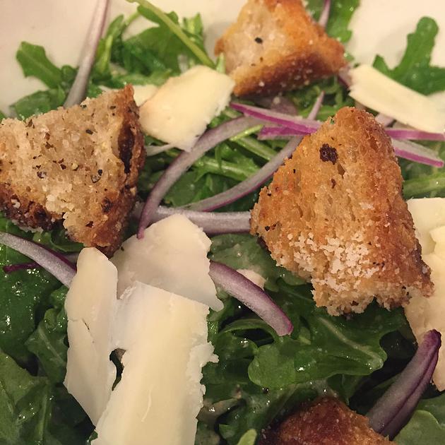 Happy croutons in a sea of veggies