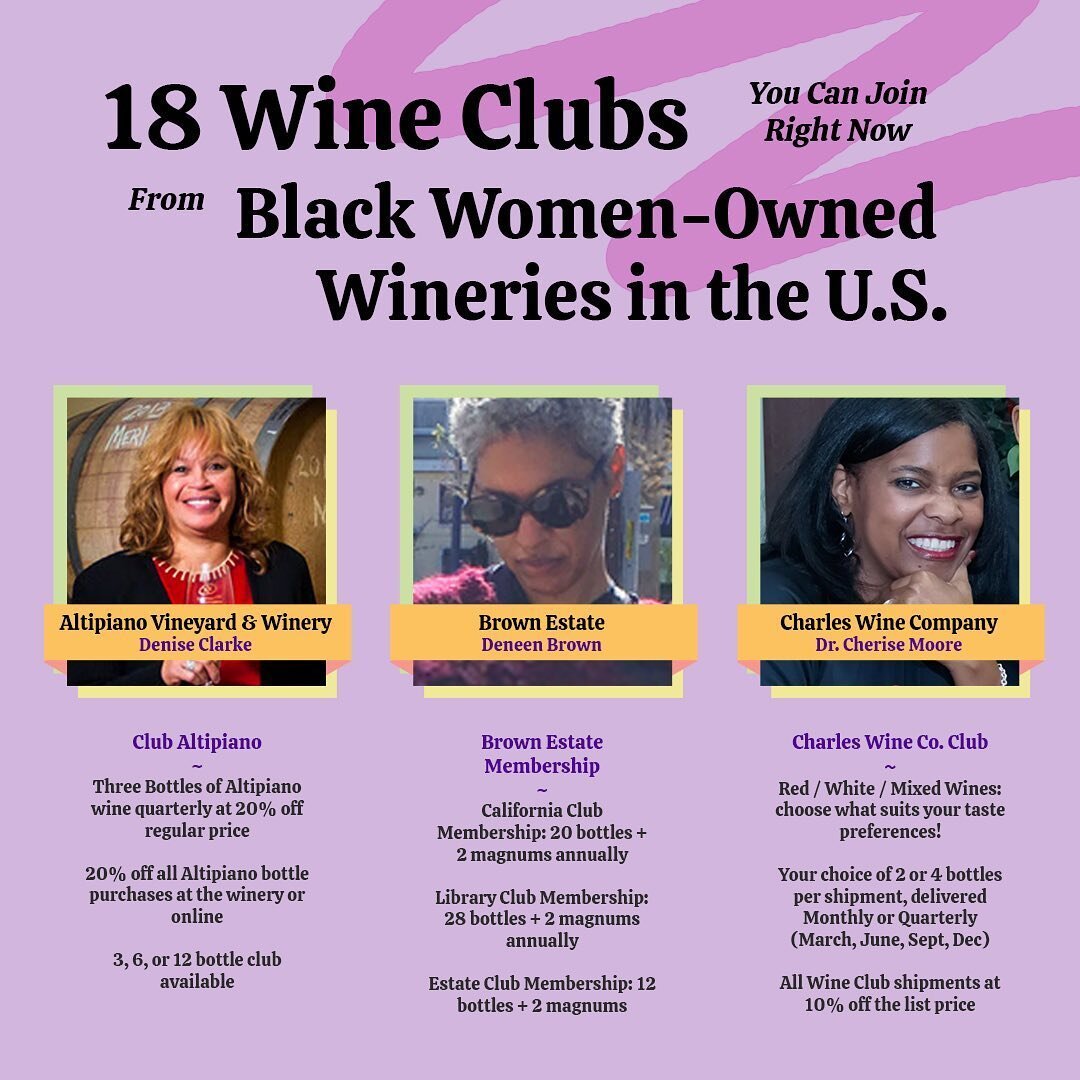One of the best ways to support a Black owned winery is to join their wine club ❤️🍷 Here are 18 wine clubs from Black Women-Owned wineries in the U.S. with some information about what each wine club includes (there are way more club or member benefi