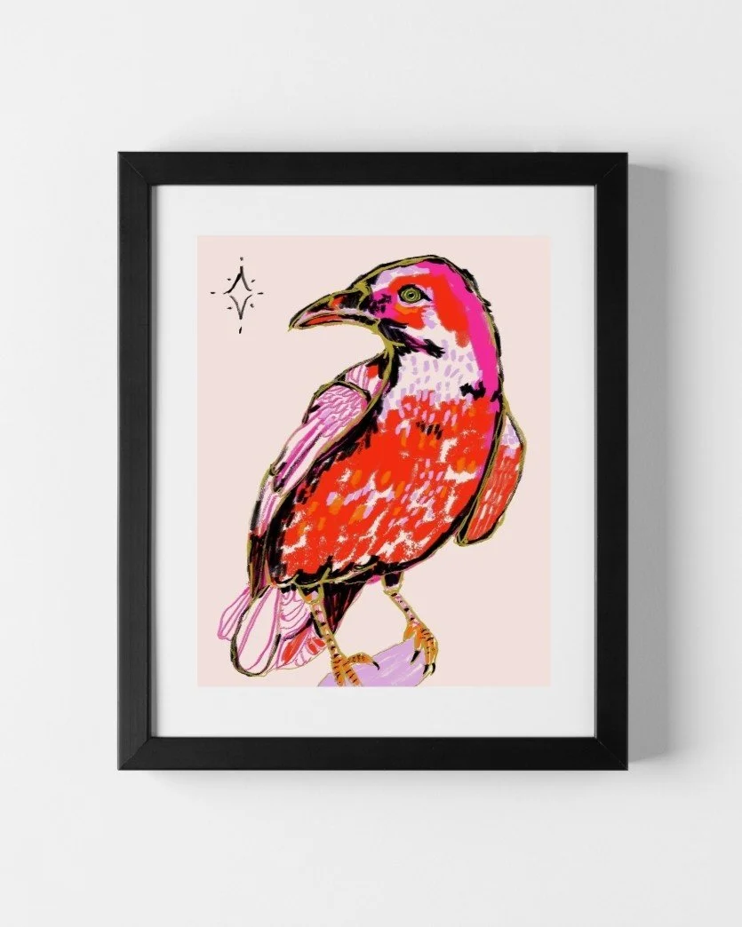 RED AND PINK CROW ART PRINT CONTEMPORARY MODERN BRIGHT JOLYN NELSON