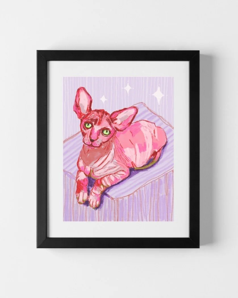 HAIRLESS CAT ART PRINT JOLYN THE ARTIST PINK AND PURPLE