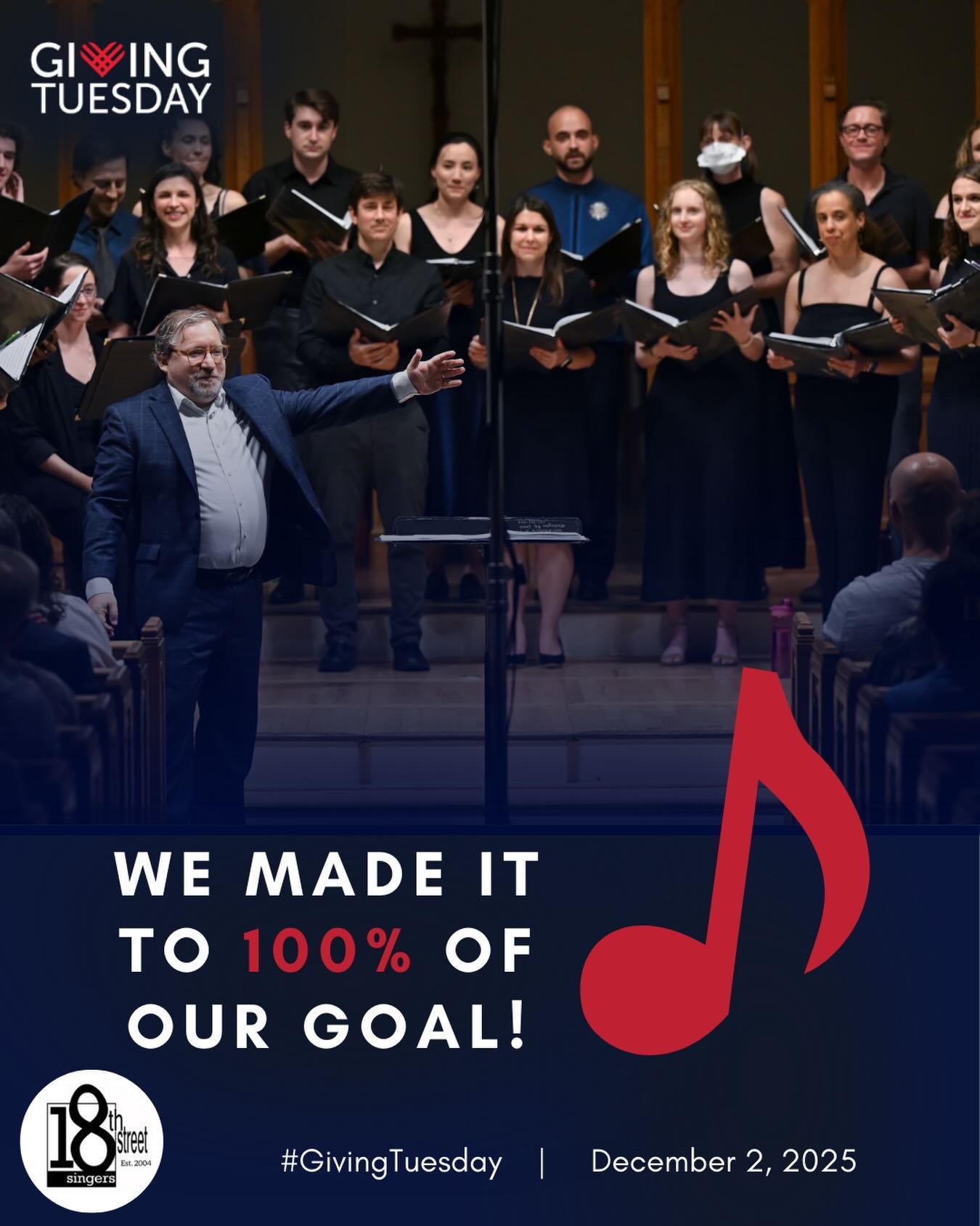THANK YOU! With your support we have reached our goal of $5,000 for GivingTuesday, and with our generous match, every gift counts twice! 

Moving forward, any more gifts will help us take our mission that much further, allowing us to keep singing in 