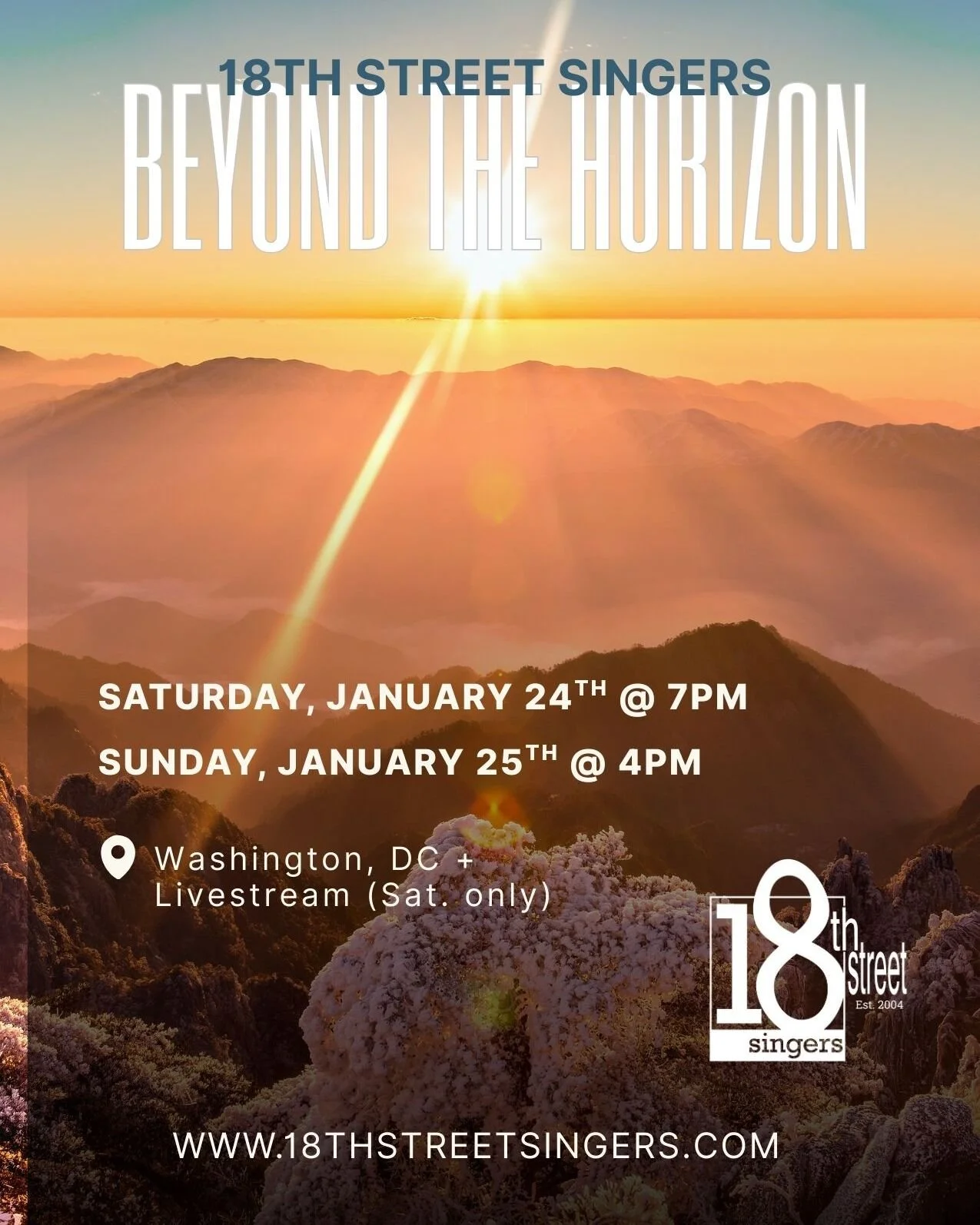 🚨 Winter Concert Tickets are on Sale! 🚨 Join us Saturday, January 24 and Sunday, January 25 for "Beyond the Horizon" to reflect, listen, and imagine what comes next.

For tickets and more info, visit:  www.18thstreetsingers.com

#18thstsi