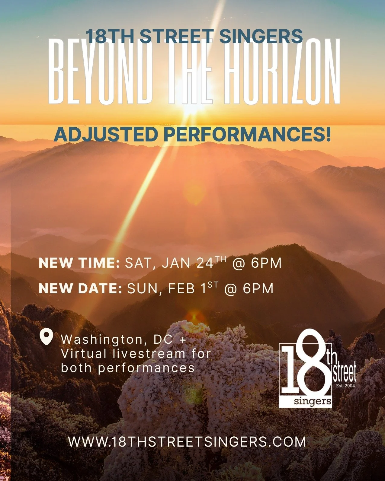 WINTER STORM UPDATE: Based on updated reports for snow storm severity and timing, we have decided to MOVE UP our Saturday (1/24) concert to 6PM, and RESCHEDULE our Sunday (1/25) concert to next weekend. 

Our rescheduled Sunday concert date will be S