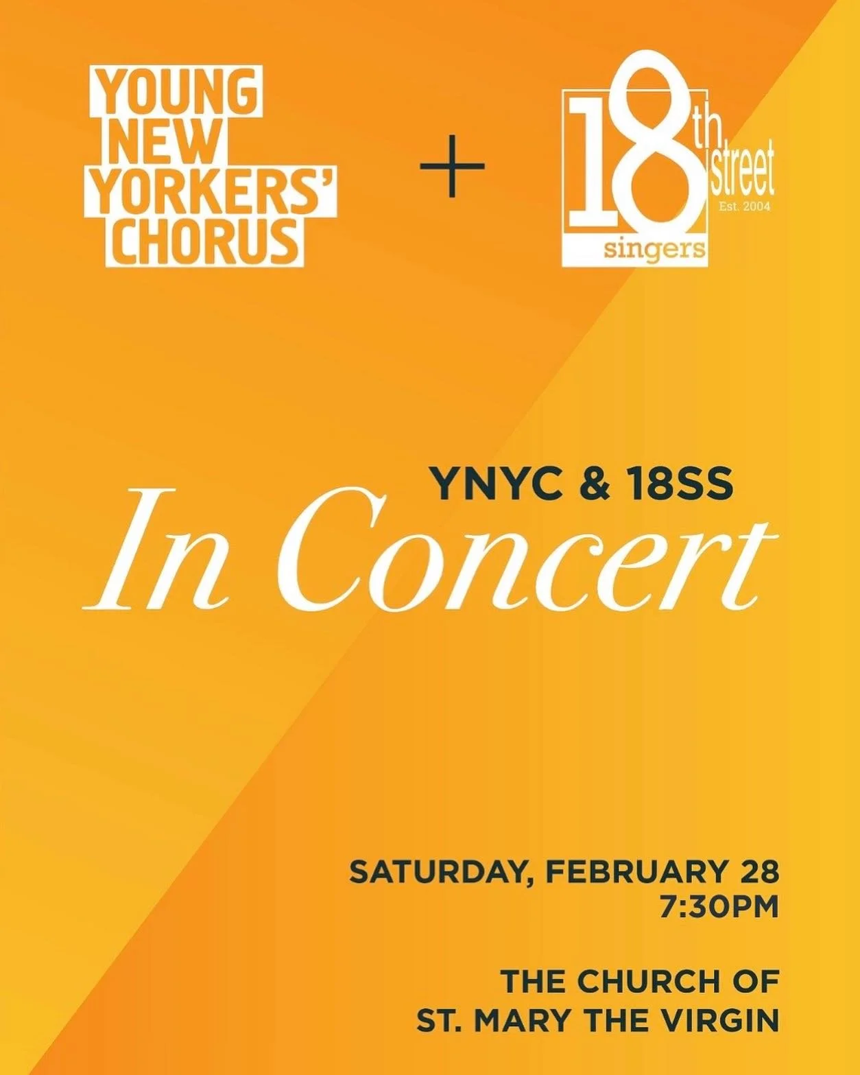Whatcha doin&rsquo; next Saturday?! How about joining us for a wonderful night of music with our friends, @ynyc in Midtown Manhattan?!

A collaboration that started just over 10 years ago when YNYC toured down to DC, 18SS is heading up to the NYC to 