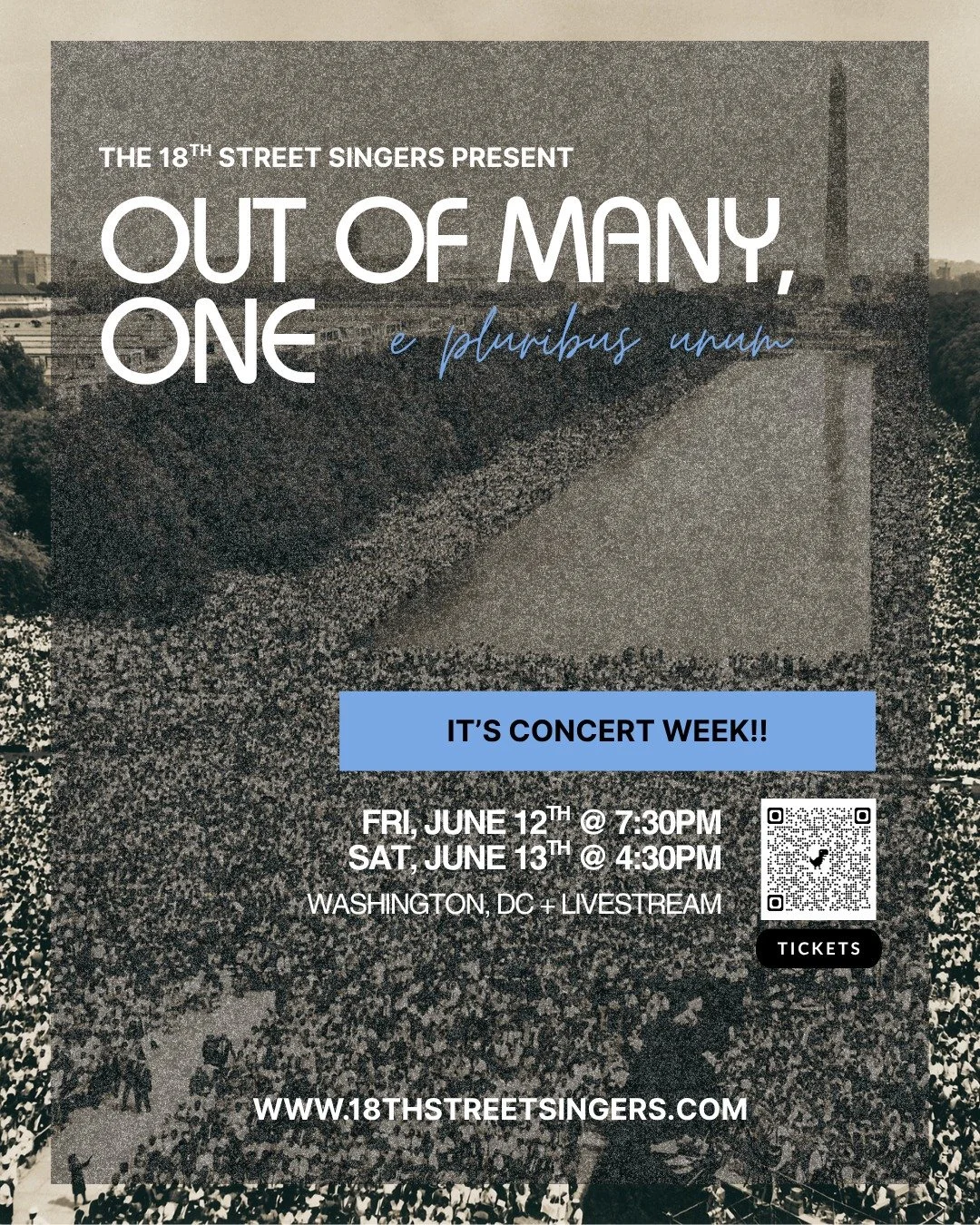"Out of Many, One" is this weekend!

We can wait to see you Friday (6/12) at 7:30 PM and Saturday (6/13) at 4:30 PM (in person or livestream). Doors open 30 minutes before each show.

Tickets available online NOW or at the door!

www.18thst