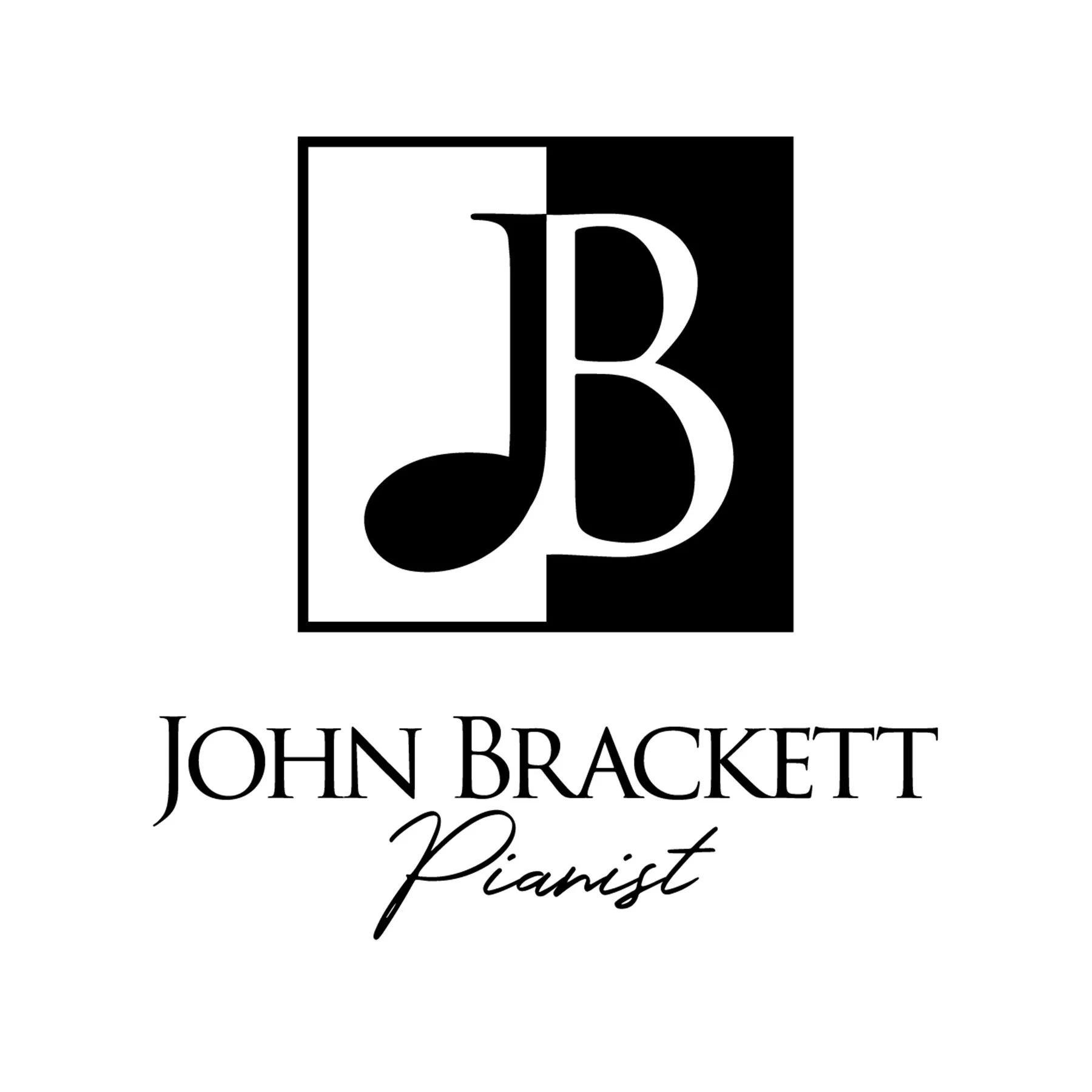 Logo with a black and white square and musical note, text reads 'John Brackett Pianist' in a mix of serif and cursive fonts.