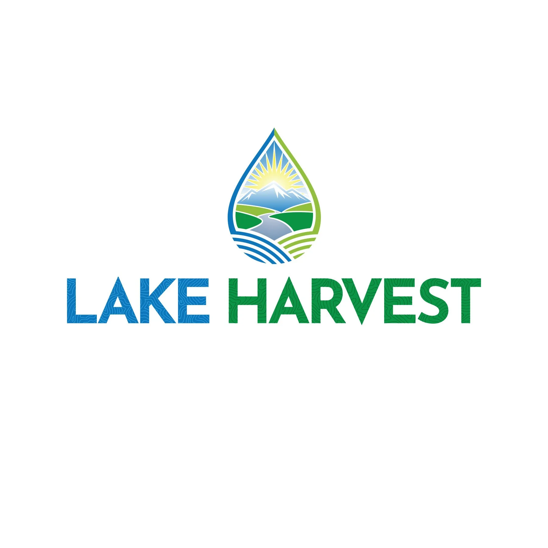 Logo with a mountain, river, and sun inside a water droplet shape, above the words "LAKE HARVEST" in blue and green text.