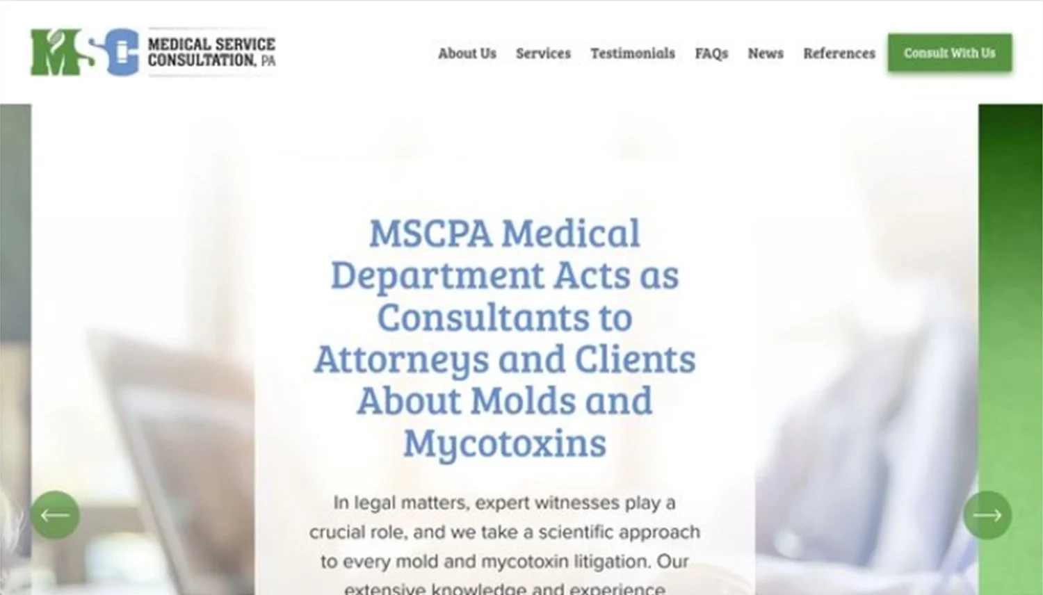 Screenshot of a website for a medical consultation service discusses legal matters related to mold and mycotoxins, with a green "Consult With Us" button at the top right.