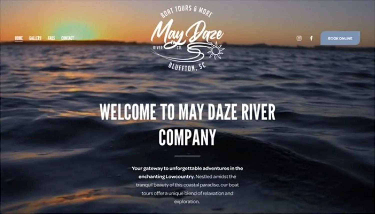 A scenic view of a river at sunset with a boat tour company's website overlay, featuring navigation links, a booking button, and a logo with a boat, sun, and waves, promoting boat tours in Bluffton, South Carolina.