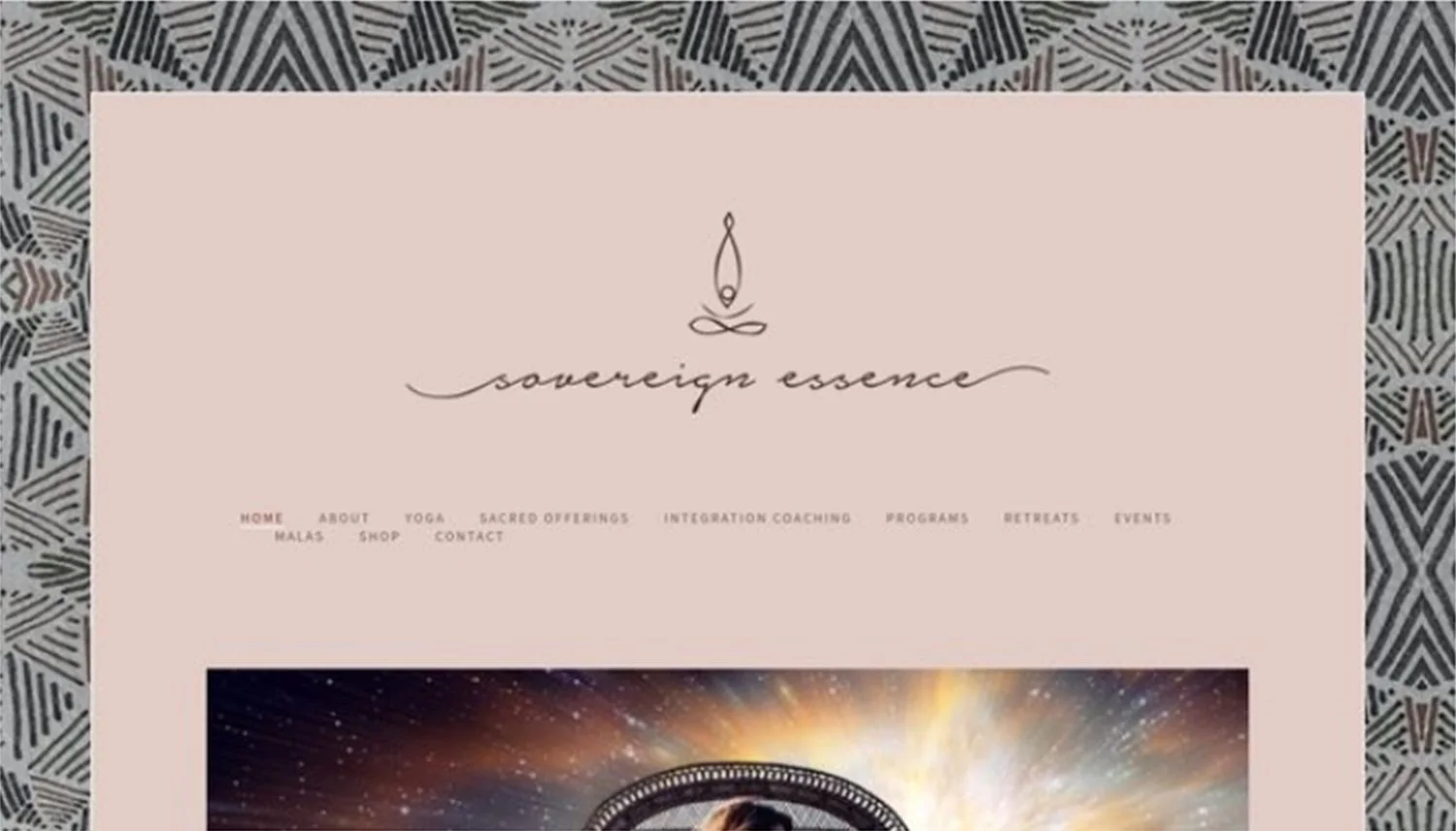 Website homepage with a soft pink background, featuring a logo and navigation menu for Sovereign Essence, with categories like home, about, yoga, sacred offerings, coaching, programs, retreats, events, Malas, shop, contact, and a cosmic-themed image below.