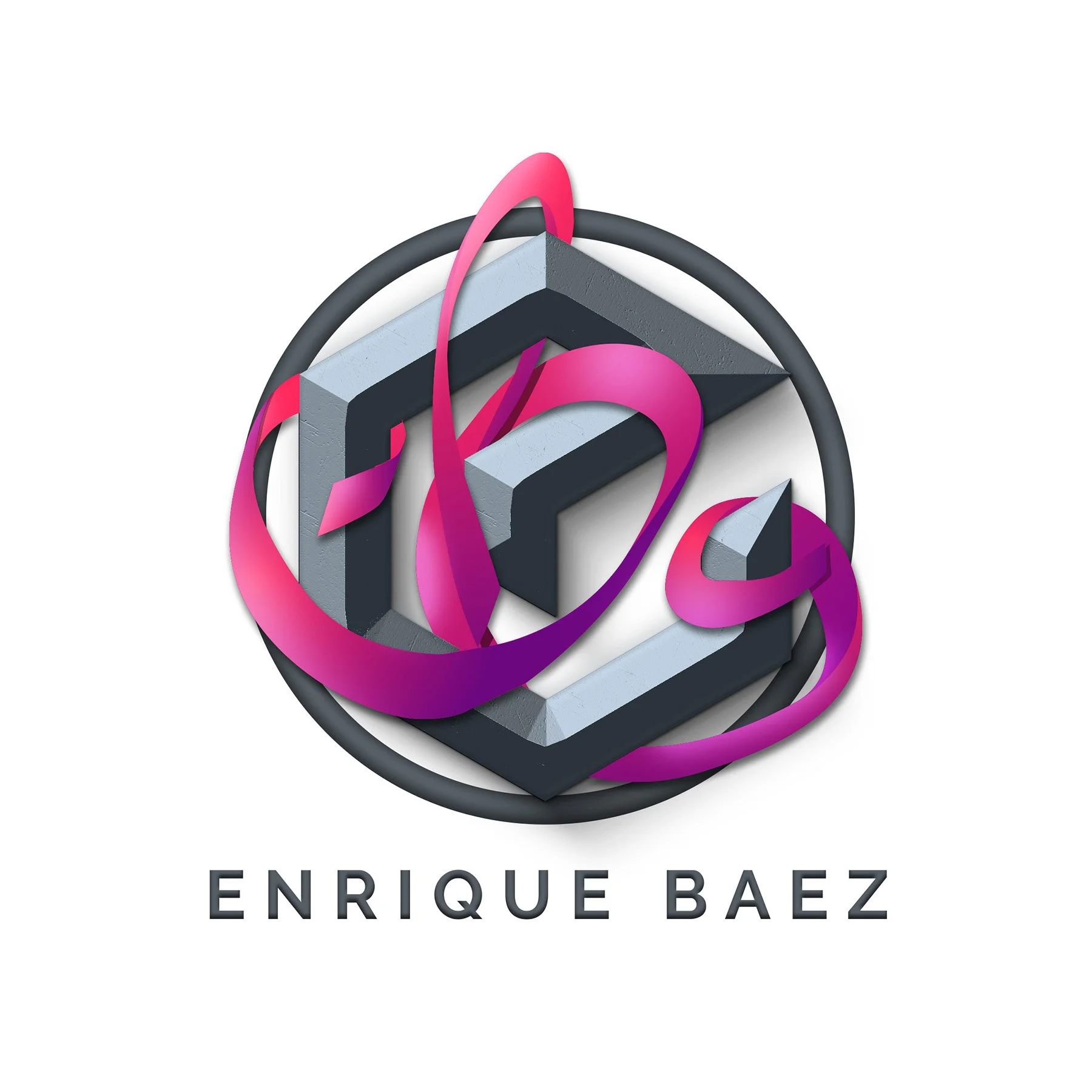 3D geometric logo with a black circle, gray and black rectangular shapes, pink ribbon-like elements, and the text 'Enrique Baez' below.