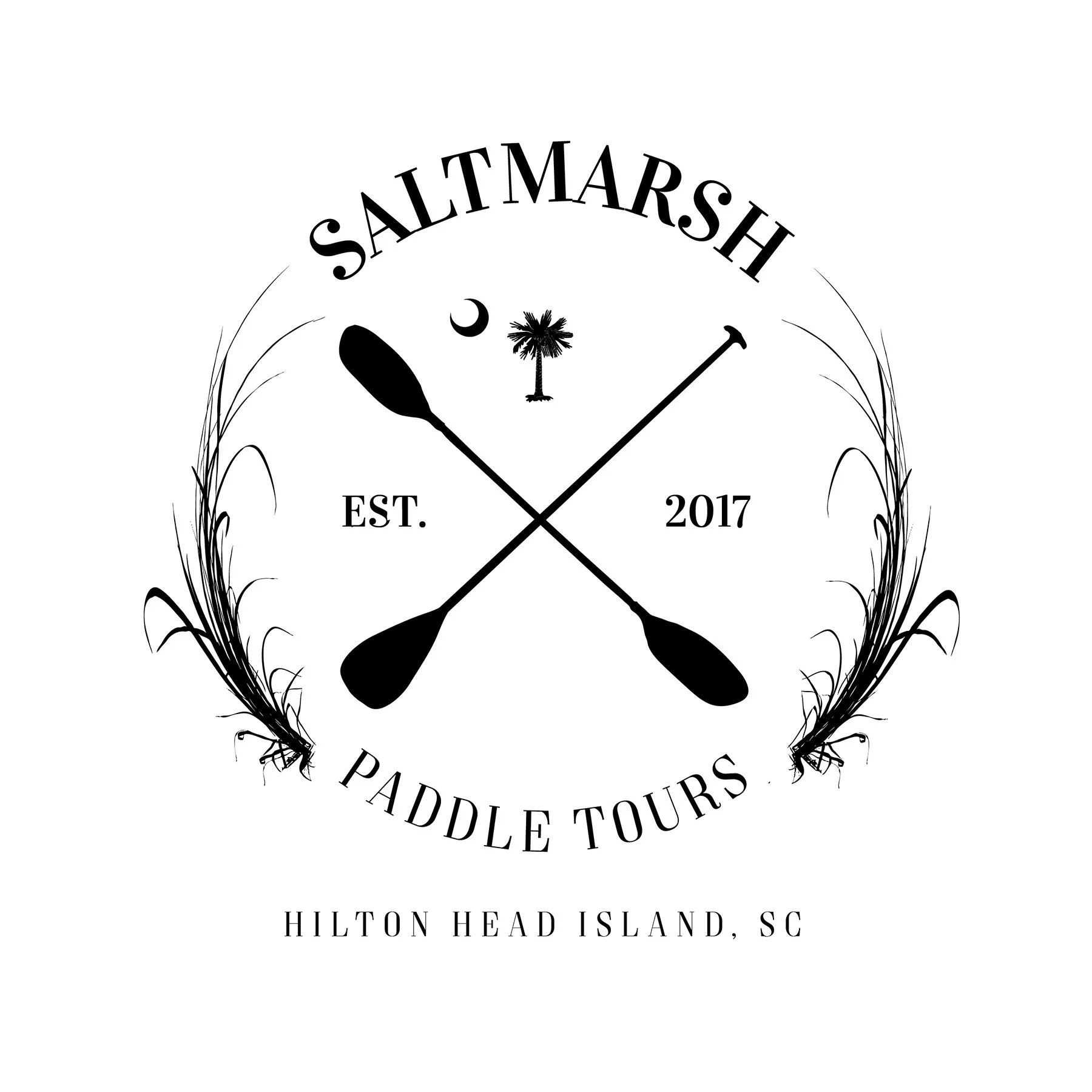 Logo for Saltmarsh Paddle Tours, established in 2017, located at Hilton Head Island, SC, featuring a palm tree, crescent moon, and paddle with decorative grass.