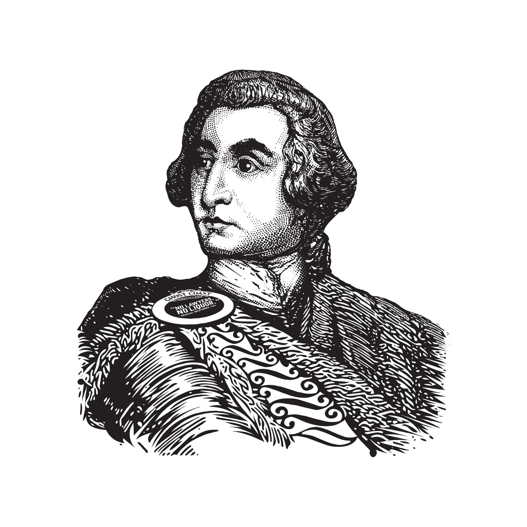 A black and white illustration of a woman from the 19th century, dressed in period clothing with her arms crossed, wearing a buttoned high-neck dress and a buttoned jacket, with a pinned badge on her chest that says, 'NO LAWYERS, NO LIQUOR'.