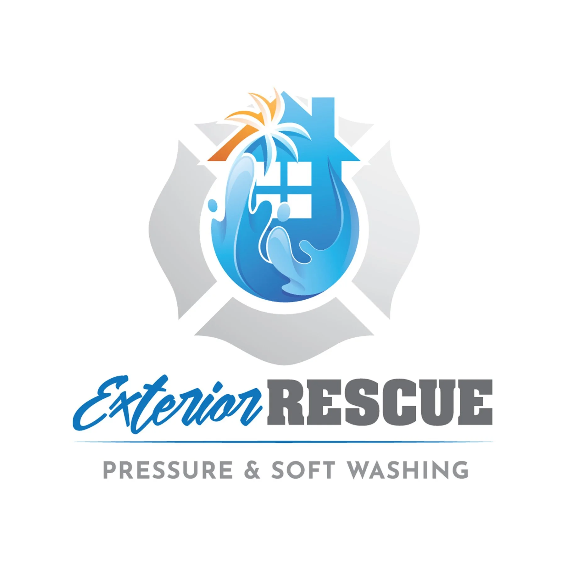 Logo for Exterior Rescue featuring a stylized blue house with water splashes, a spray of orange and white, and the words "Exterior Rescue" in blue cursive and bold gray text, with the subtitle "Pressure & Soft Washing" in gray.