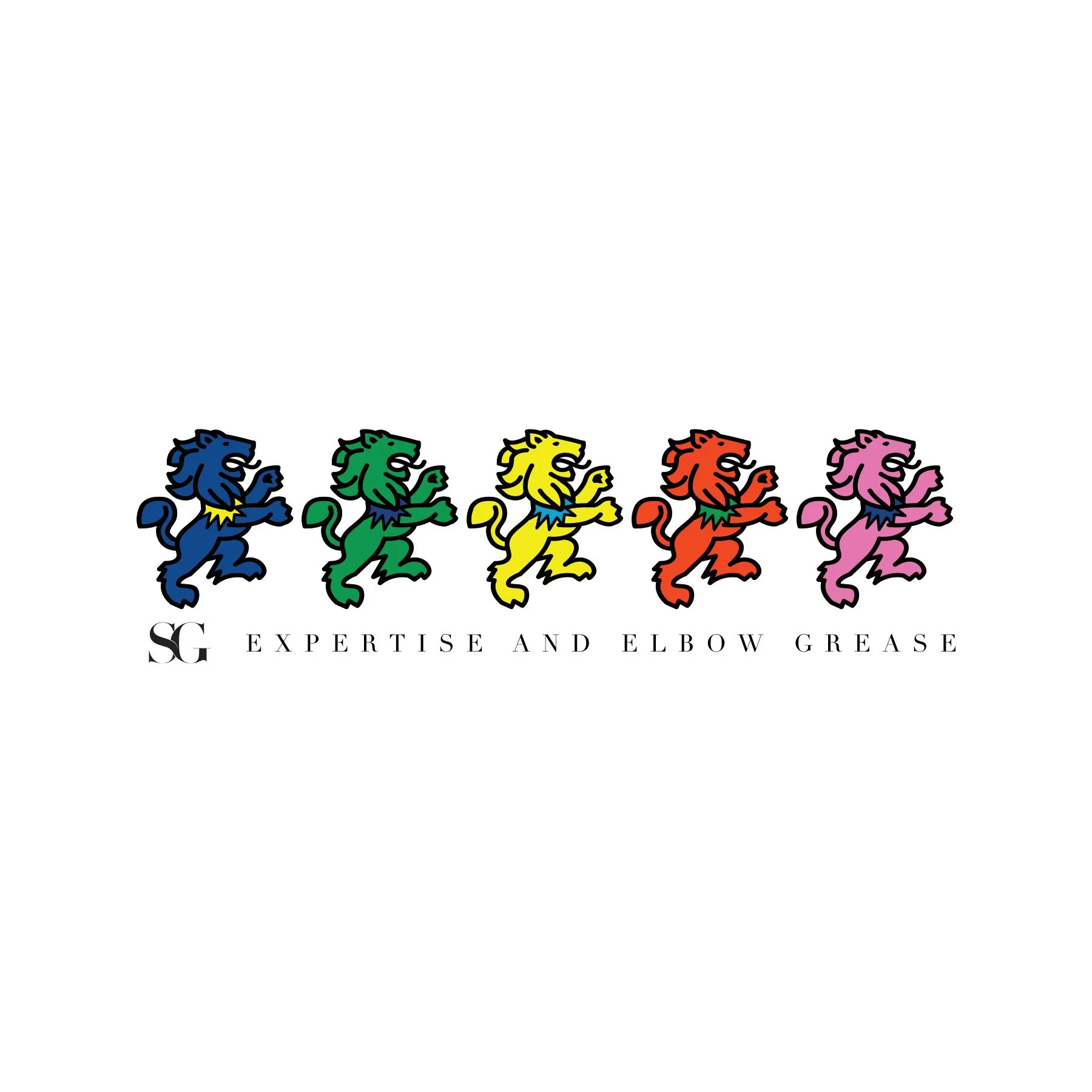 Colorful logo of six stylized lions in blue, green, yellow, orange, and pink, standing on hind legs with front paws raised. The text below reads 'SG Expertise and Elbow Grease'.