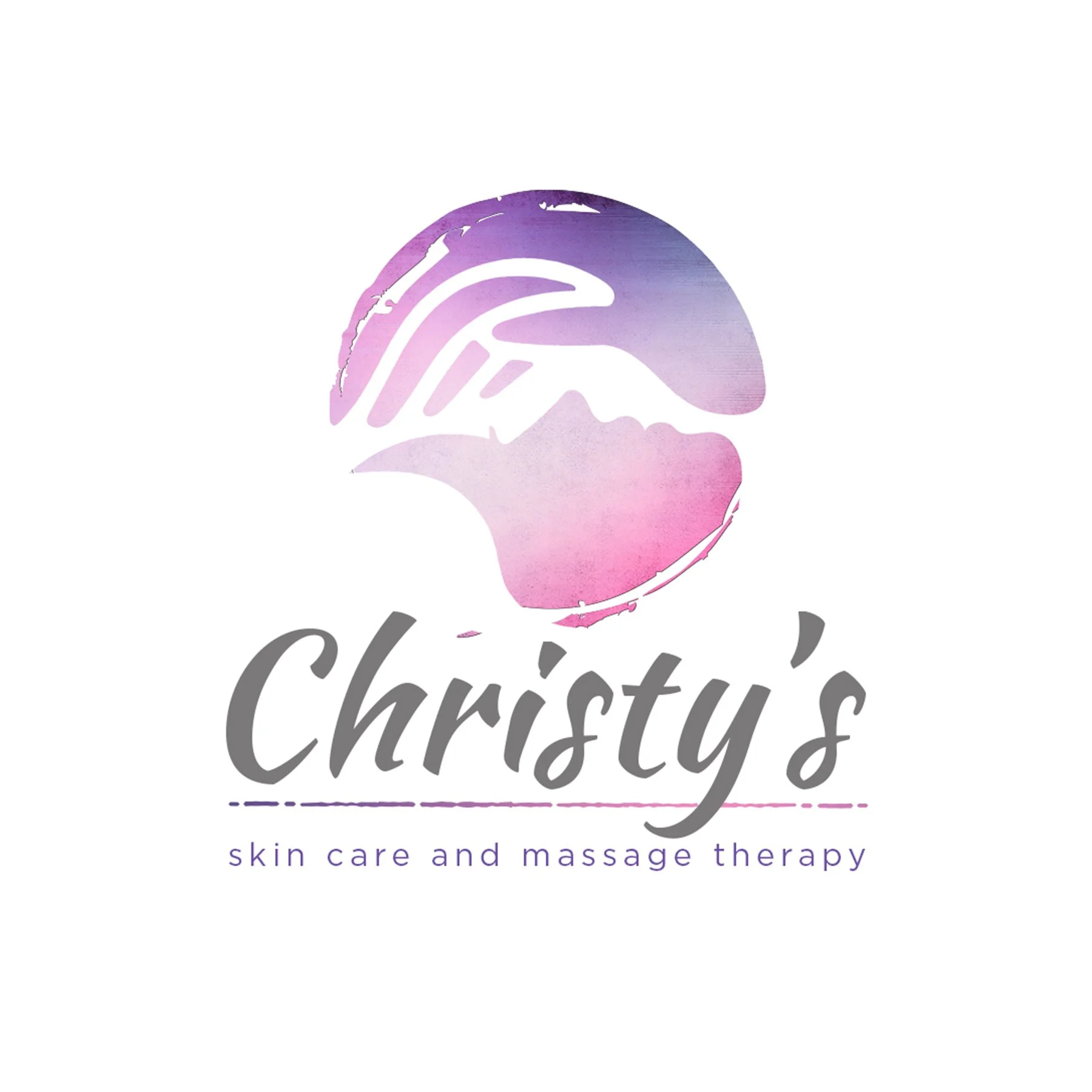 Logo for Christy's Skin Care and Massage Therapy featuring a watercolor illustration of a woman's profile and a hand in pastel purple, pink, and blue tones.