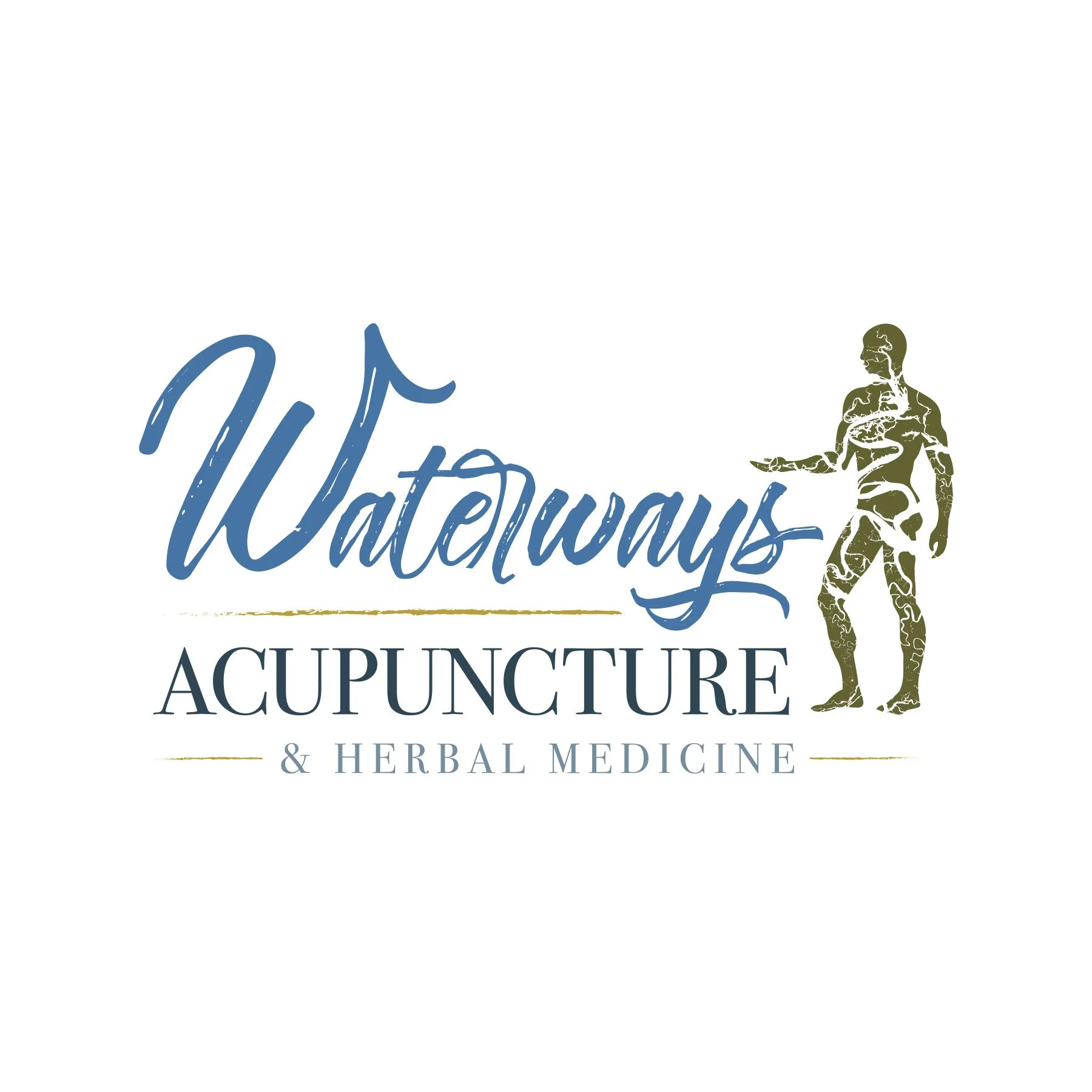 Logo for Waterways Acupuncture & Herbal Medicine featuring stylized text and a human figure with an anatomical illustration in gold.