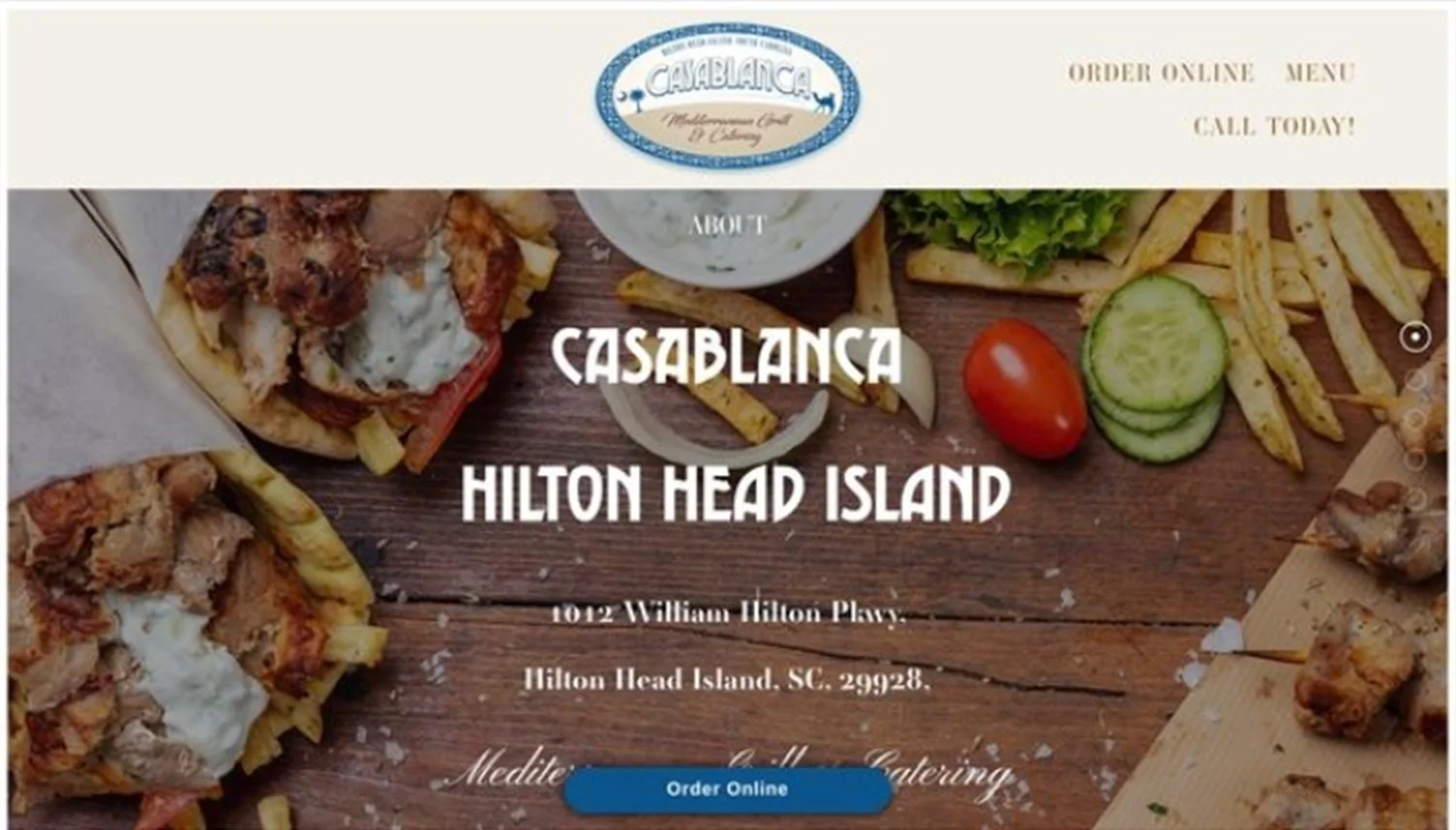 Menu screen for Casablanca restaurant at Hilton Head Island, featuring images of french fries, sliced cucumbers, cherry tomatoes, chicken wings, and a sandwich with fries.