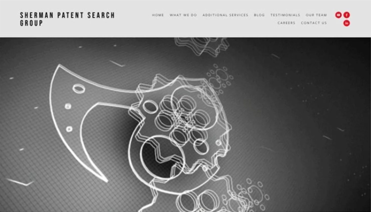 A website homepage for Sherman Patent Search Group showing a black-and-white digital graphic of a video game controller with abstract lines and digital effects.