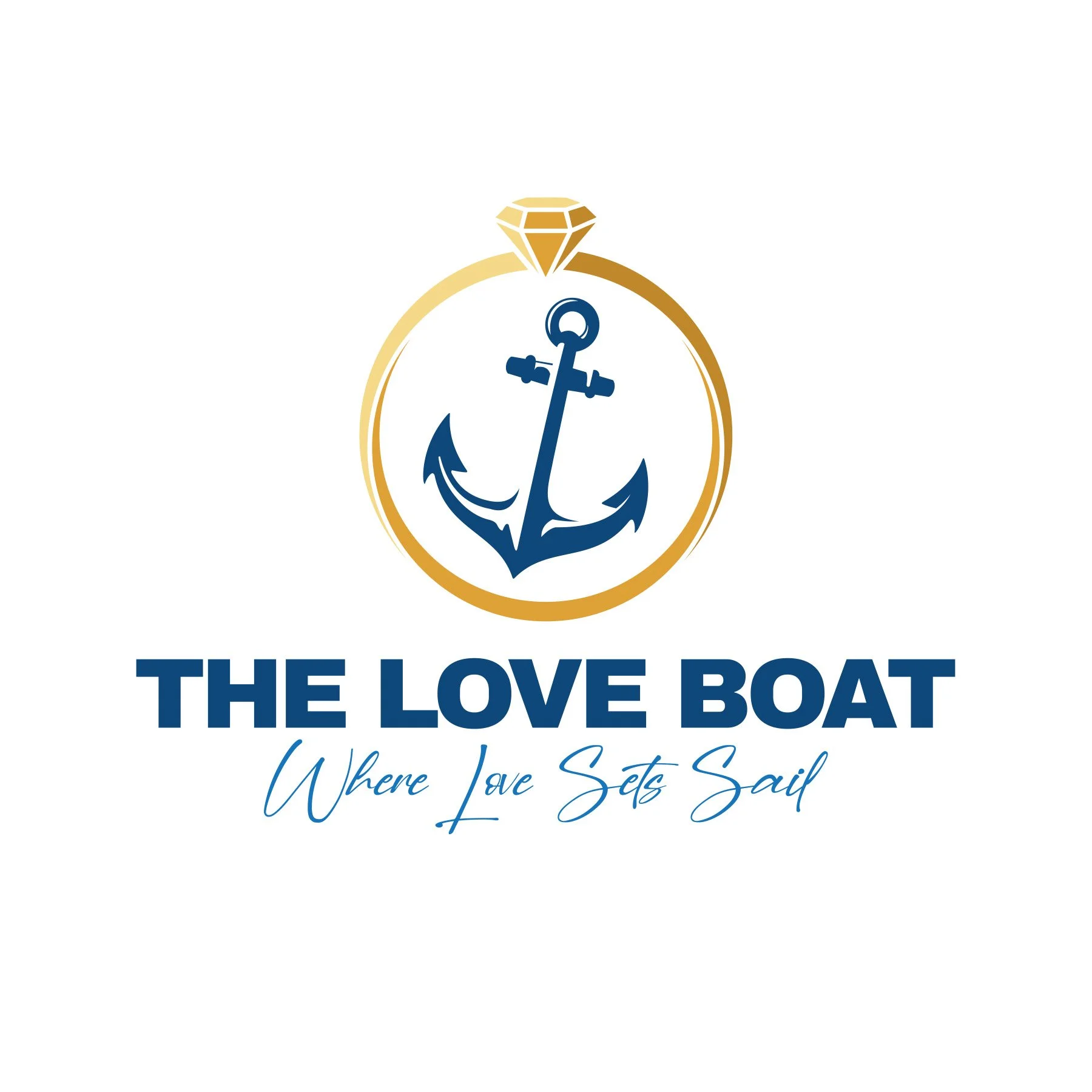 Design with a navy blue anchor inside a gold ring topped with a gold diamond, above the text 'The Love Boat' in bold navy blue letters and the slogan 'Where Love Sets Sail' in elegant cursive.