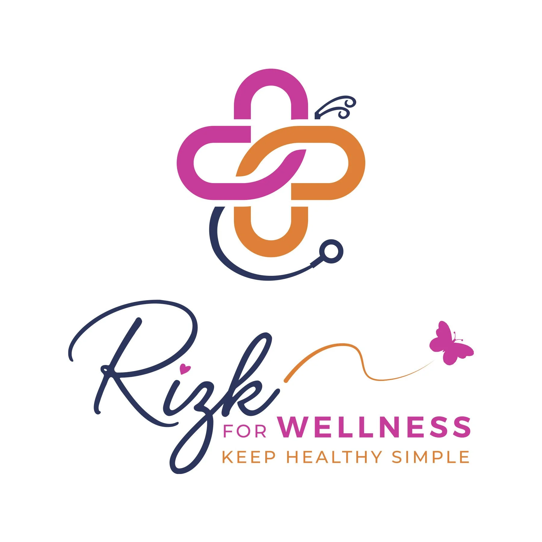 Stylized logo with words "Relax for Wellness" in purple and pink, with a butterfly and flower embellishments, promoting health and wellness.