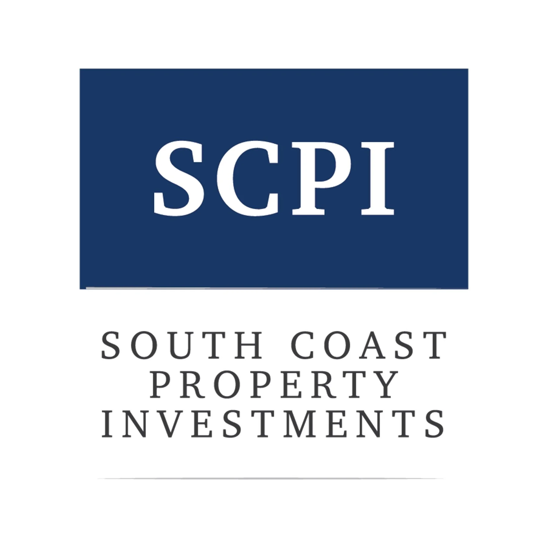 A logo with the text 'SCP' in white on a blue background, with additional words below in black that read 'South Coast Property Investments'.