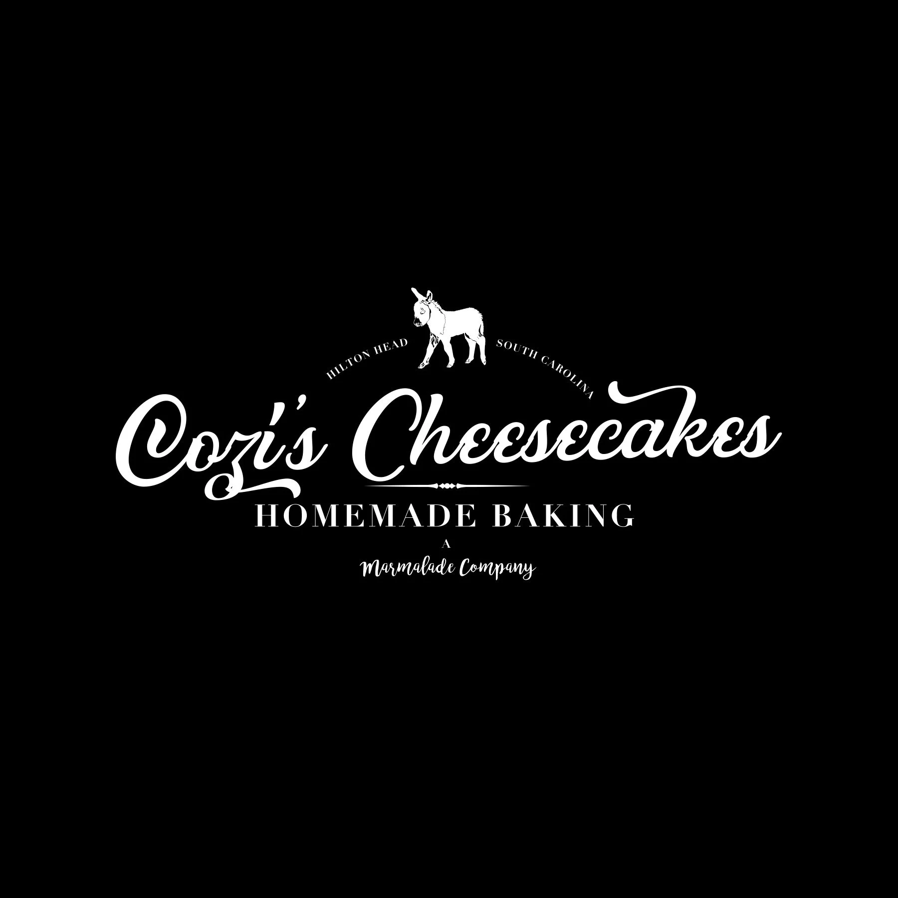 Black background with white text for Cozi's Cheesecakes, a homemade baking company from Hilton Head, South Carolina, featuring a small donkey logo and the tagline 'A Marmalade Company.'