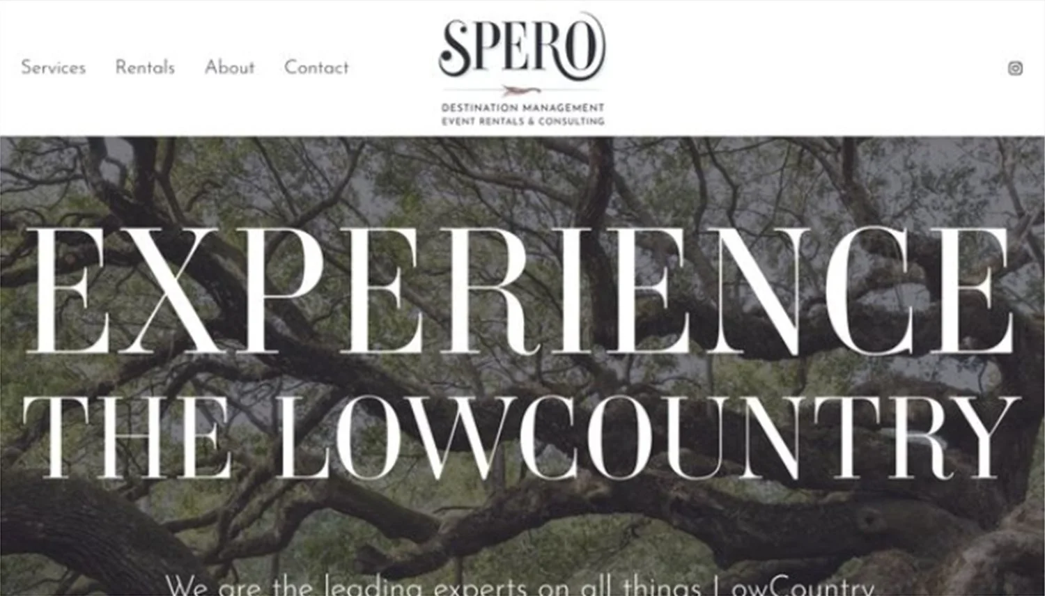 Screenshot of a website titled 'SPERO' with a background of large tree branches and leaves, offering destination management and event rentals and consulting services.
