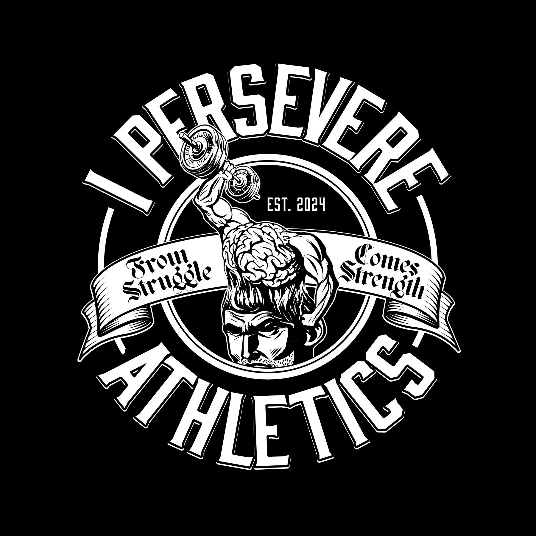 Black and white logo with a muscular man lifting a barbell, surrounding circular text says "DISCOVERY COMES FROM STRUGGLE STRENGTH" with an established date of 2024.