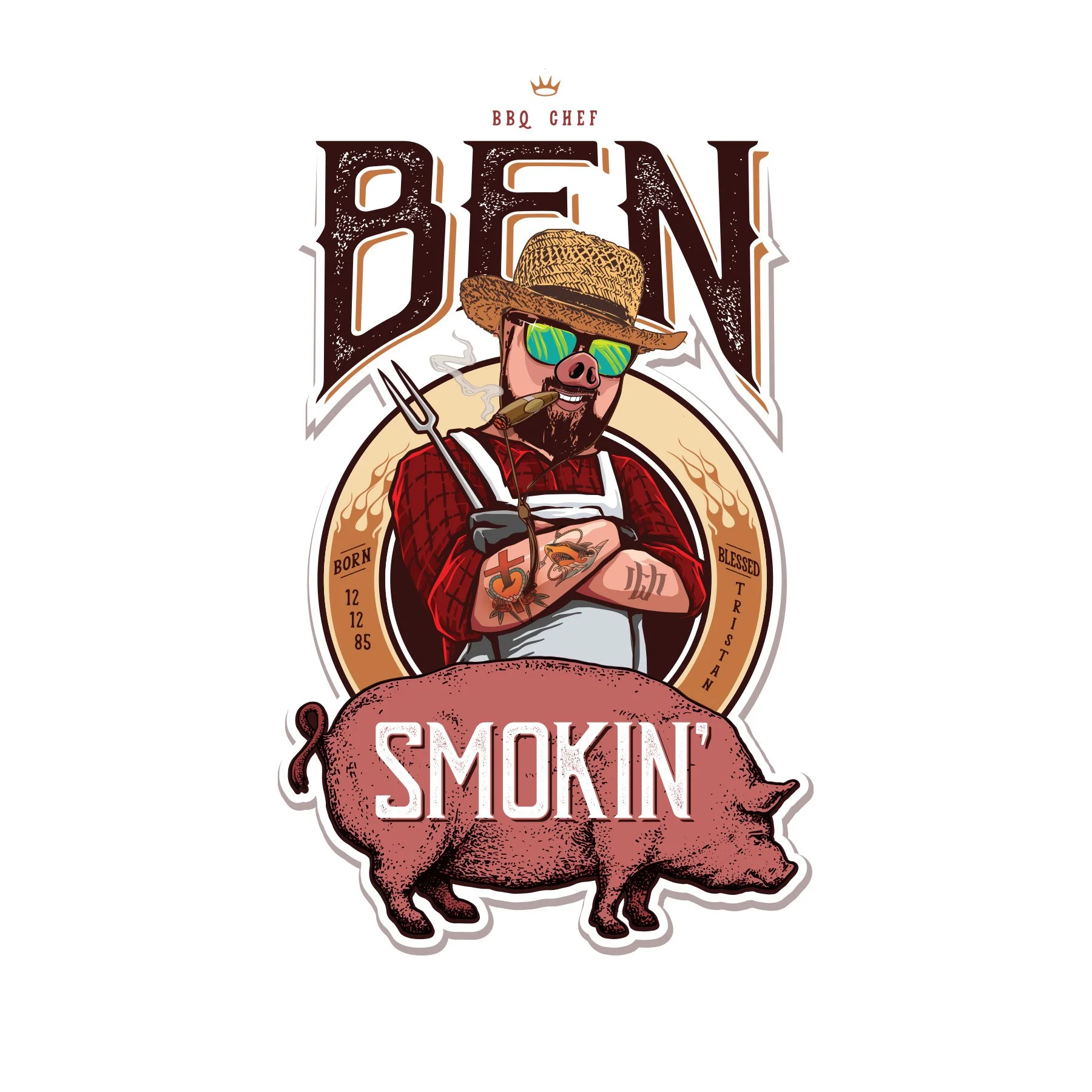 Illustration of a bearded man wearing sunglasses, a straw hat, and a red plaid shirt, holding a tobacco pipe. The man is standing behind a whole pig with the words "Smokin'" written across it. The text "BBQ Chef" is above the large, stylized word "BB