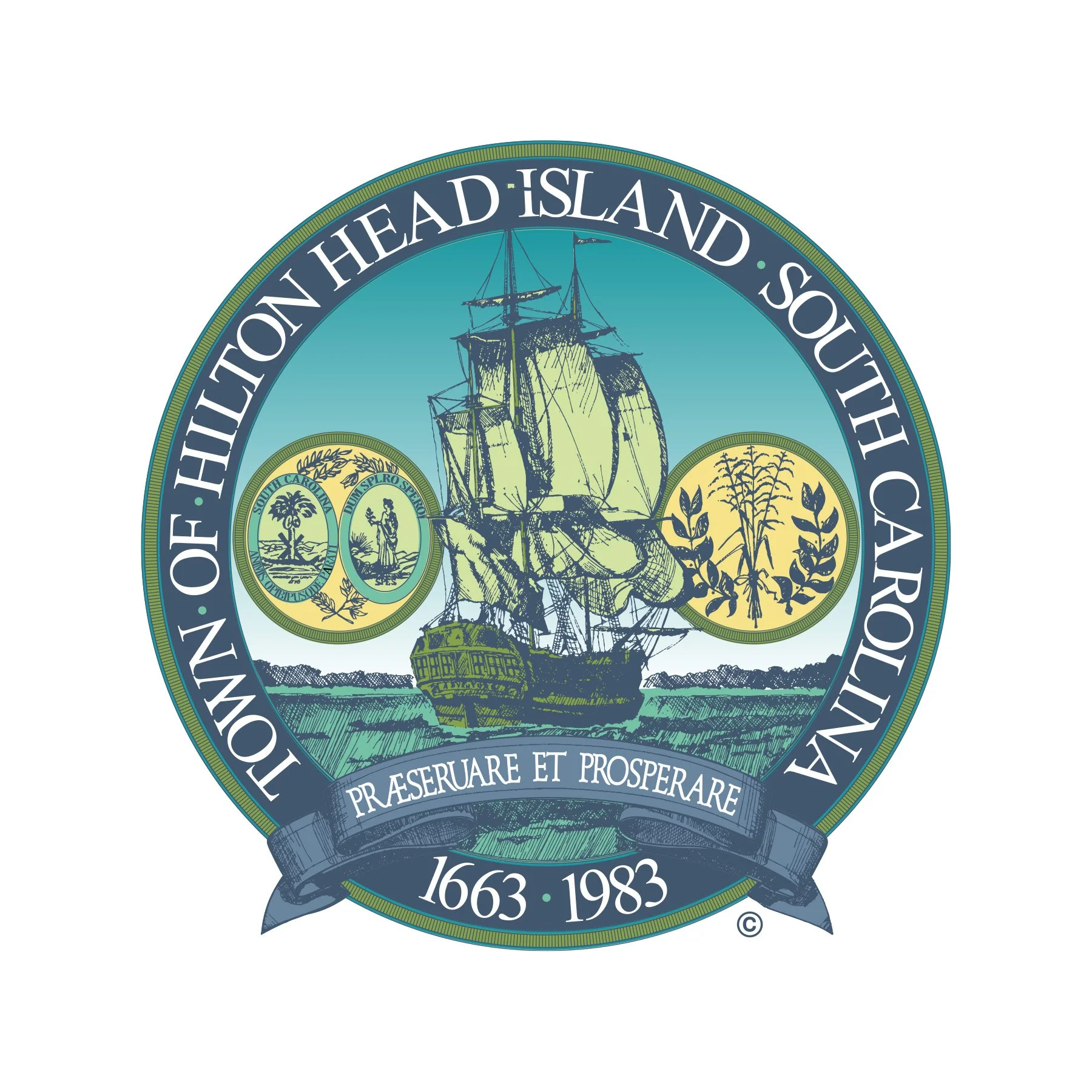 Seal of the South Carolina College of Charleston, featuring a sailing ship, the Latin motto "Solertiae et Prosperare," and the years 1663 and 1983.